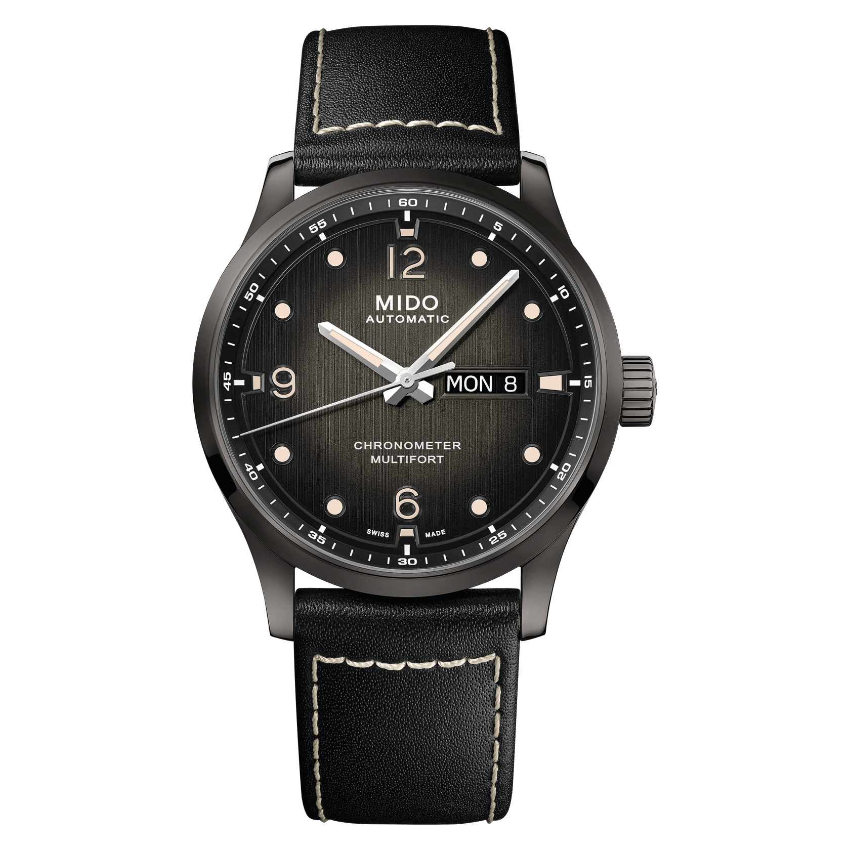 MIDO Multifort M Chronometer Black Dial, Black PVD Stainless Steel Watch Leather Strap - 42mm - M0384313605700