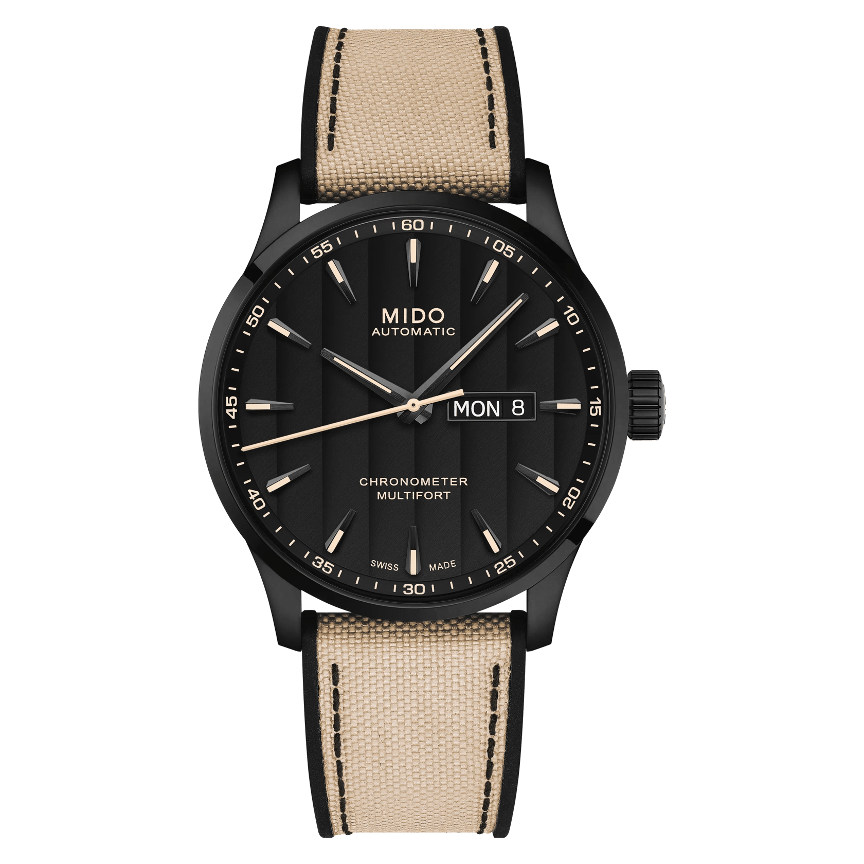 MIDO Multifort Chronometer 1 Black Dial, Stainless Steel Black PVD Watch, Beige Fabric Strap - 40mm - M0384313705109