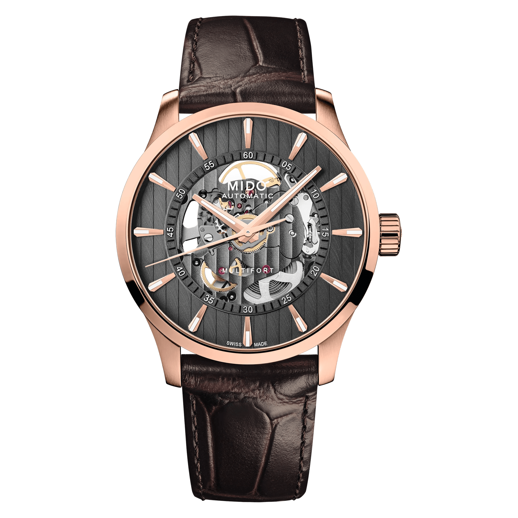 MIDO Multifort Skeleton Vertigo Black Dial, Stainless Steel Rose Gold-Tone PVD Watch - Brown Leather Strap - 42mm -M0384363606100