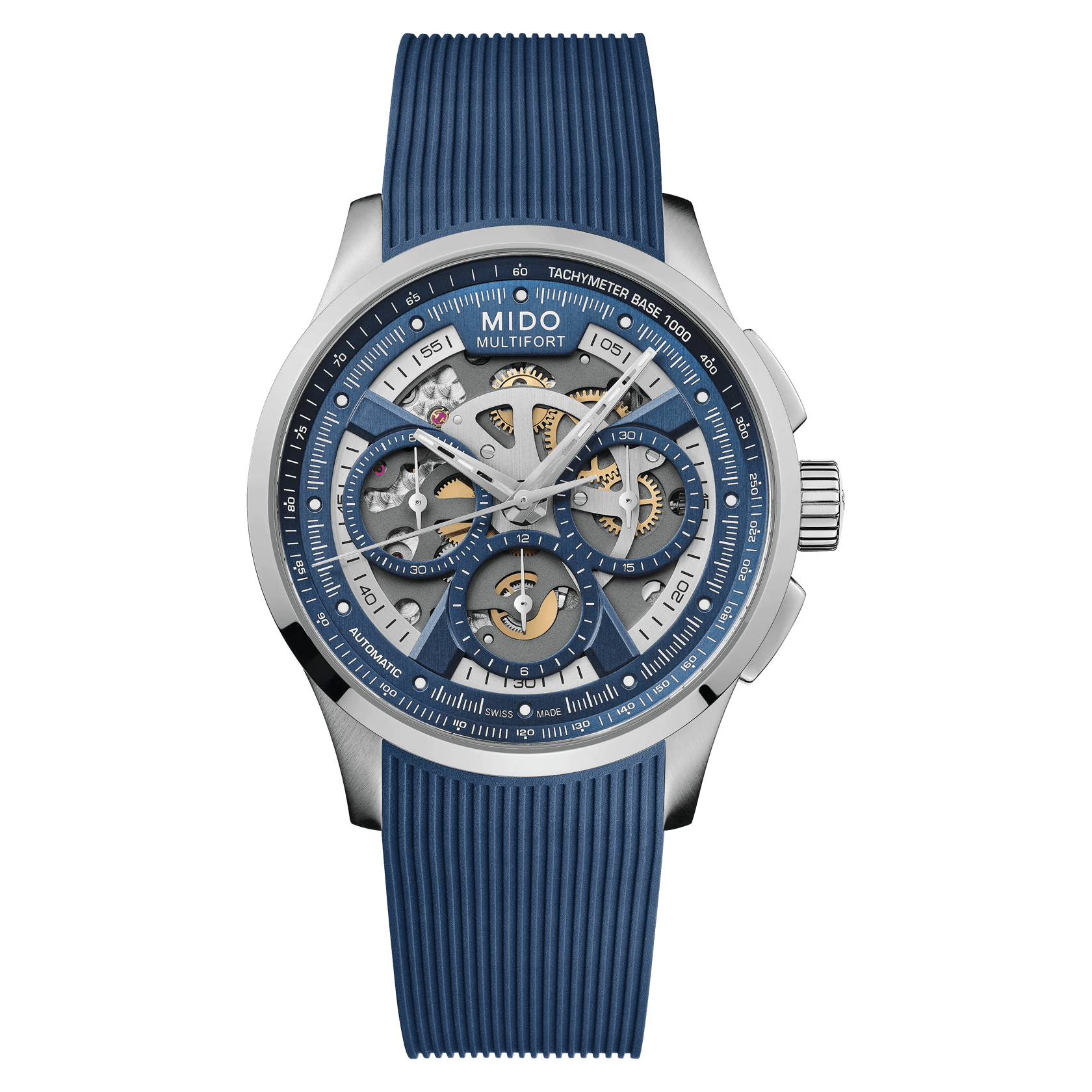 MIDO Multifort Skeleton Chronograph Blue Dial Stainless Steel Watch Blue Rubber Strap - 43mm - M0386621704000