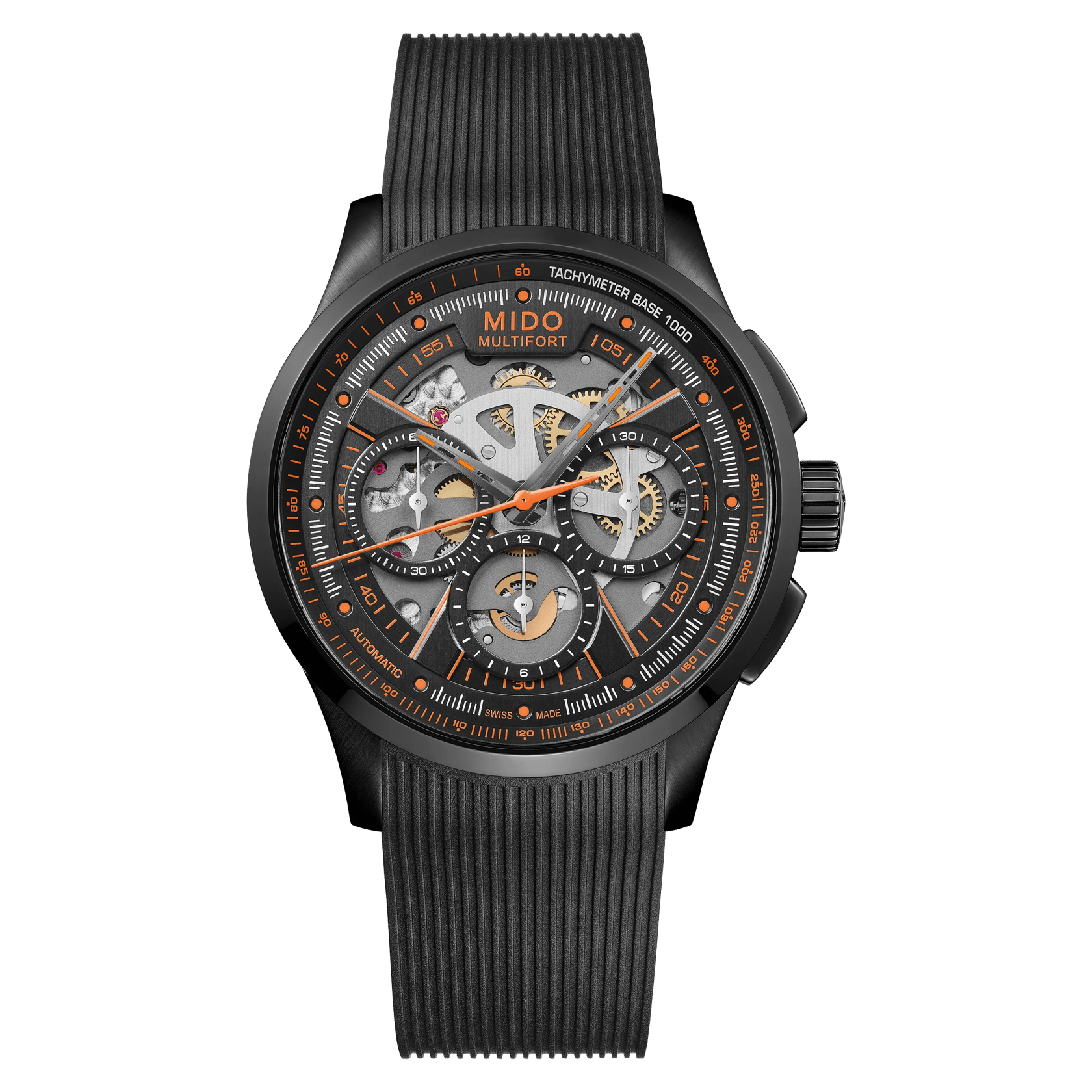 MIDO Multifort Skeleton Chronograph Black Dial Stainless Steel Black PVD Watch Rubber Strap - 43mm - M0386623705000