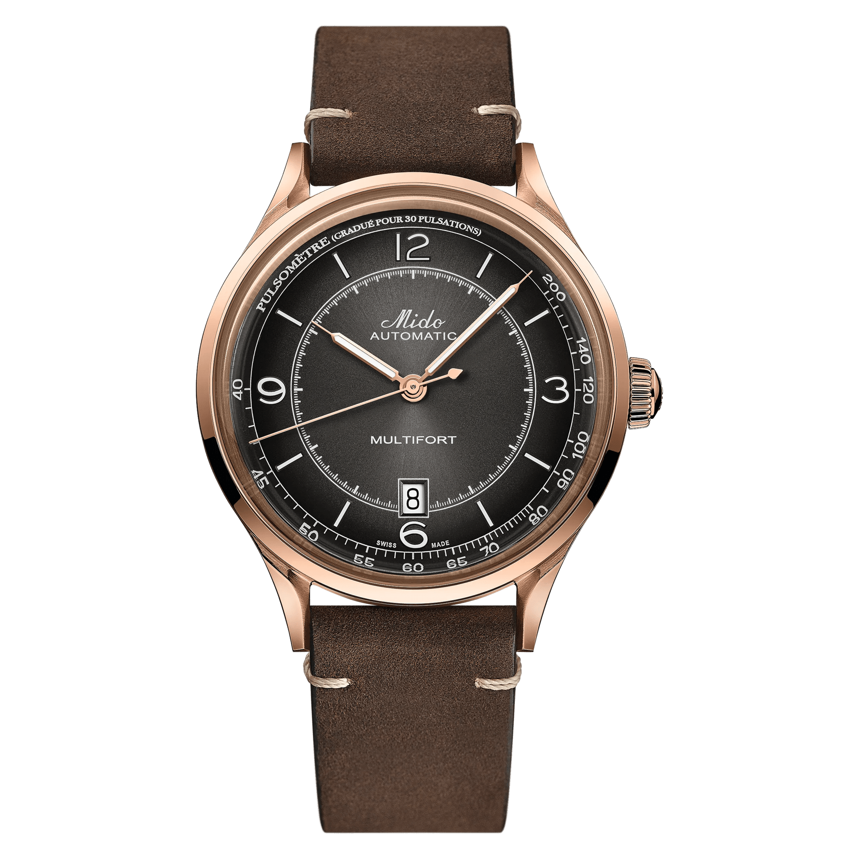 MIDO Multifort Patrimony Black Dial, Stainless Steel Rose Gold-Tone Watch with Brown Leather Strap - 40mm - M0404073606000
