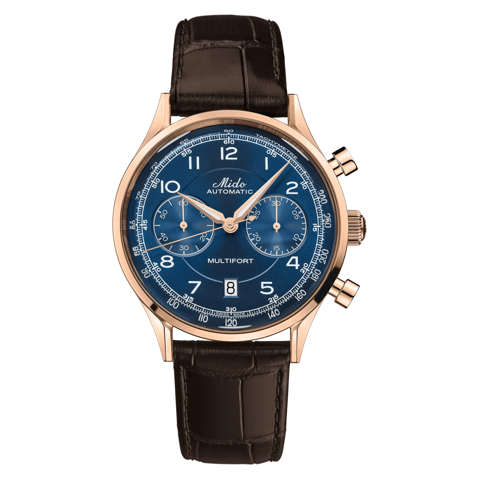 MIDO Multifort Patrimony Chronograph Blue Dial, Stainless Steel Rose Gold-Tone Watch with Brown Leather Strap - 42mm - M0404273604200