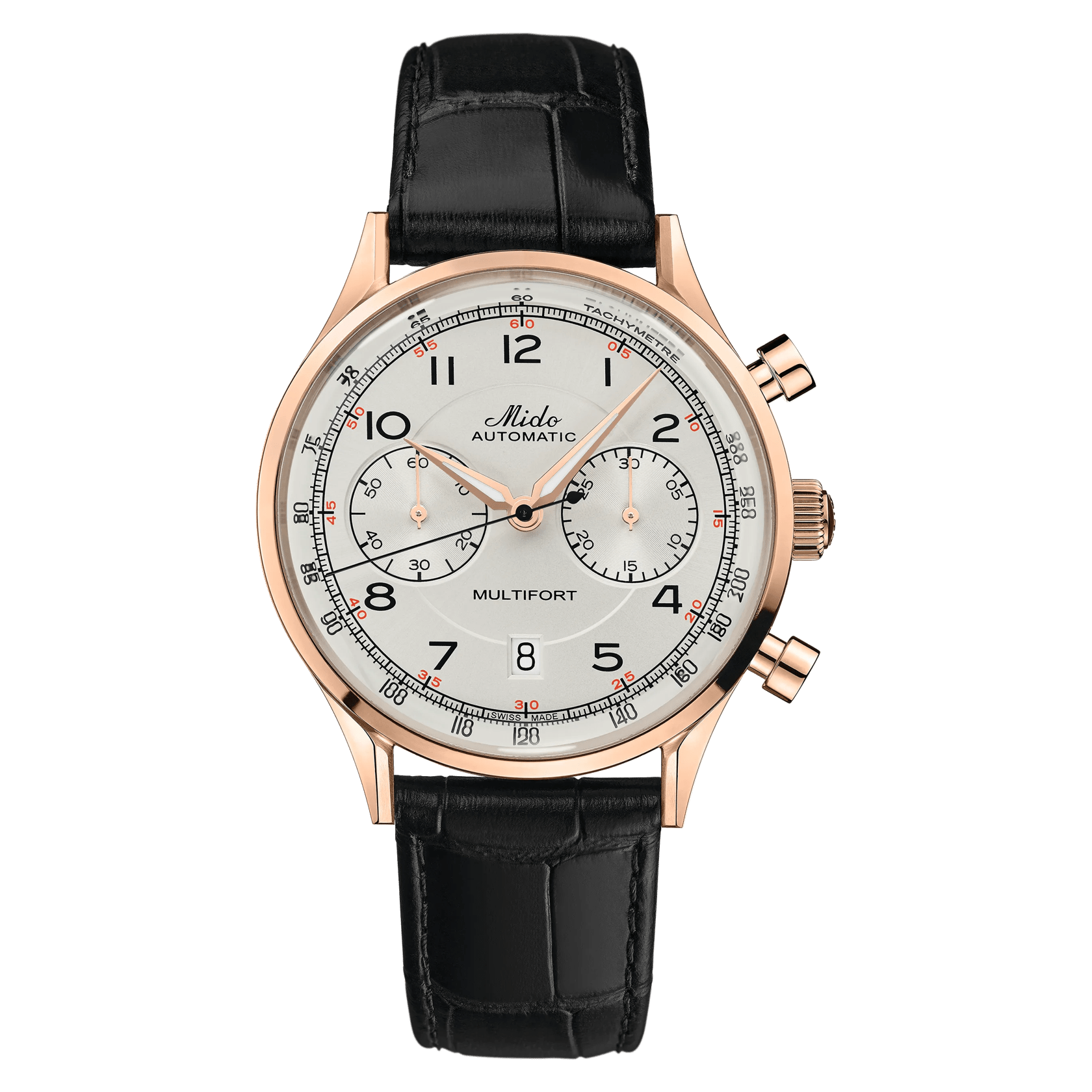 MIDO Multifort Patrimony Chronograph Ivory Dial, Stainless Steel Rose Gold-Tone Watch with Black Leather Strap - 42mm - M0404273626200
