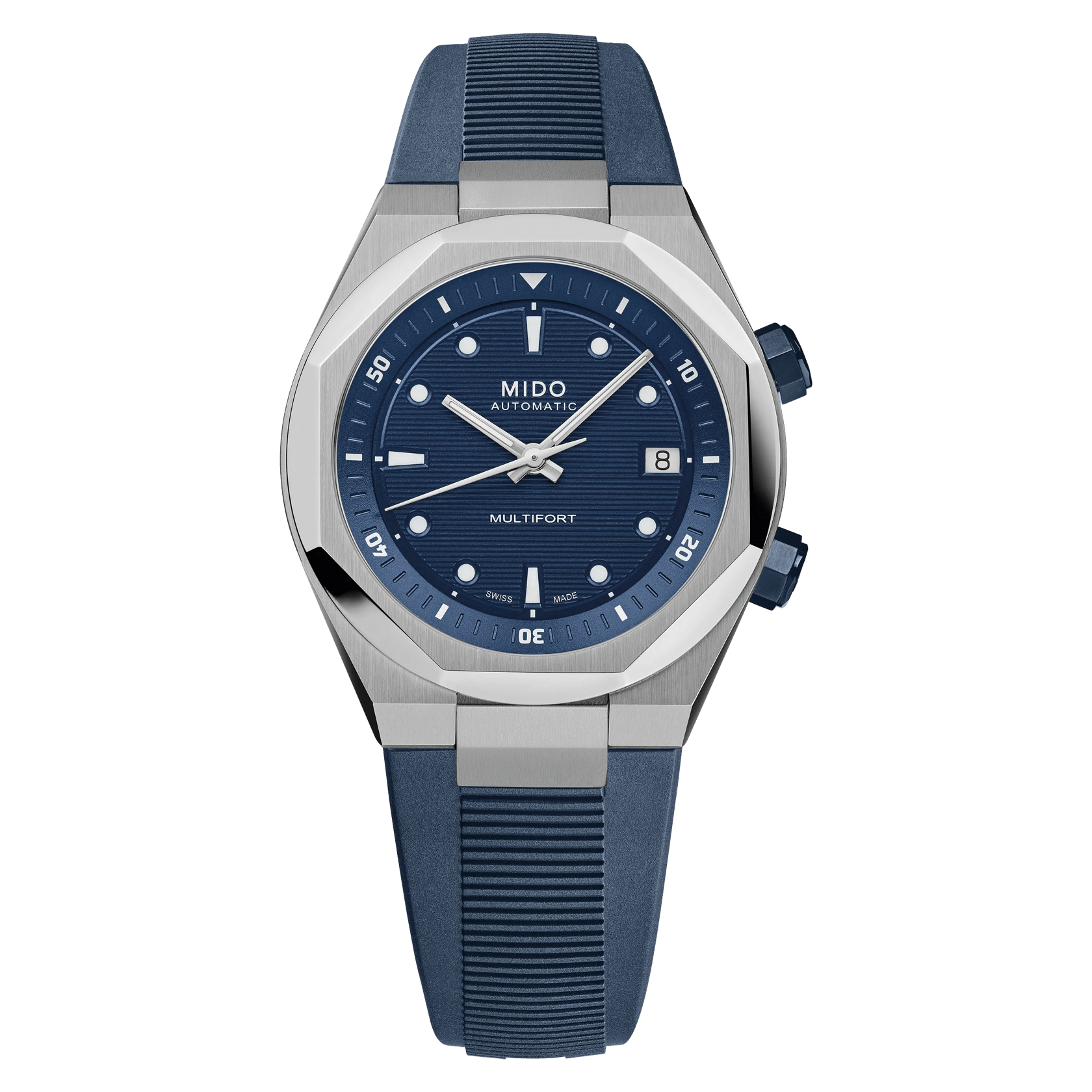 MIDO Multifort 8 Two Crowns Blue Dial Stainless Steel Watch Rubber Strap - 38.4 X 40mm - M0475071704100