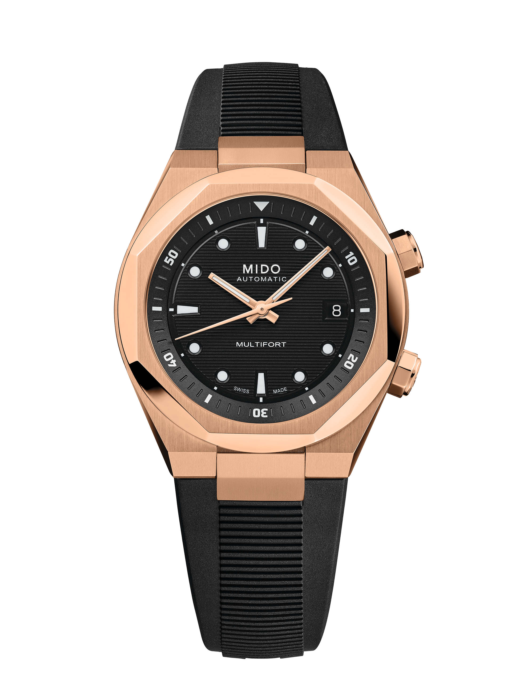 MIDO Multifort 8 Two Crowns Black Dial Stainless Steel Rose Gold-Tone Watch - Rubber Strap- 38.4 X 40mm -M0475073705100