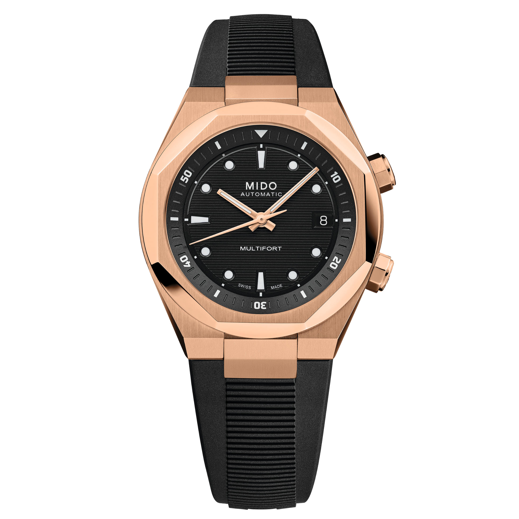 MIDO Multifort 8 Two Crowns Black Dial Stainless Steel Rose Gold-Tone Watch - Rubber Strap- 38.4 X 40mm -M0475073705100