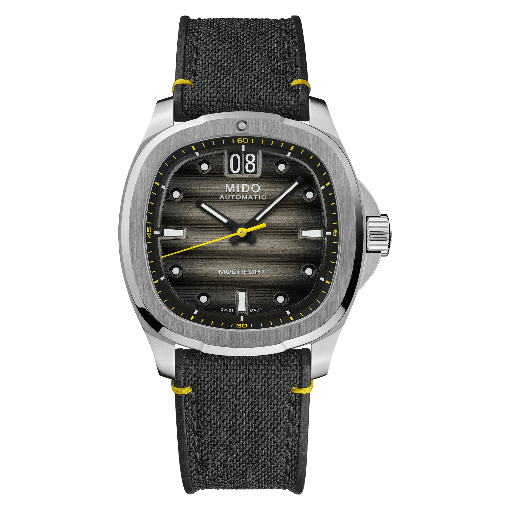 MIDO Multifort TV Big Date Black and Yellow Dial Stainless Steel Watch - Black Fabric Strap - 39.2 x 40mm -M0495261708101
