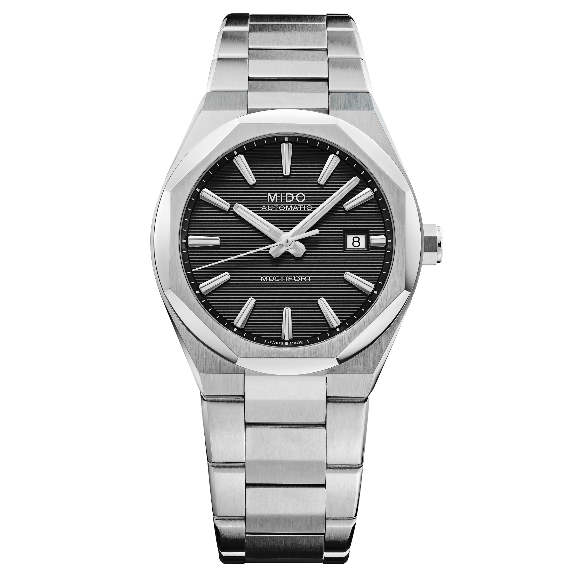 MIDO Multifort 8 One Crown black dial stainless steel watch with integrated bracelet - 38.4 X 40mm - M0555071105100