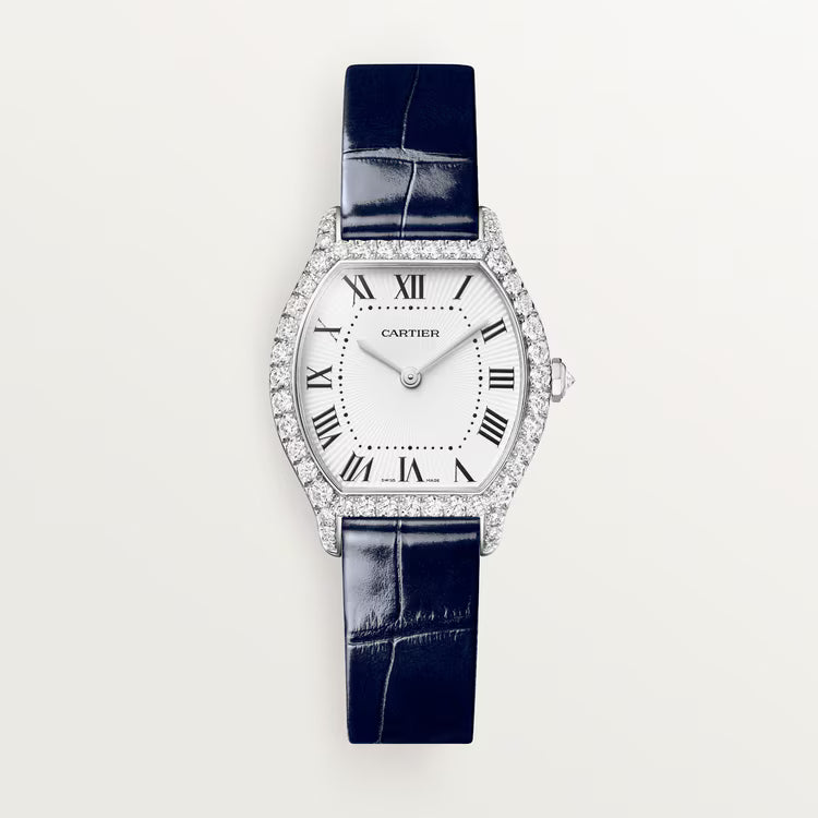 Top view of black dial watch featuring white sub-dials and Roman numerals.