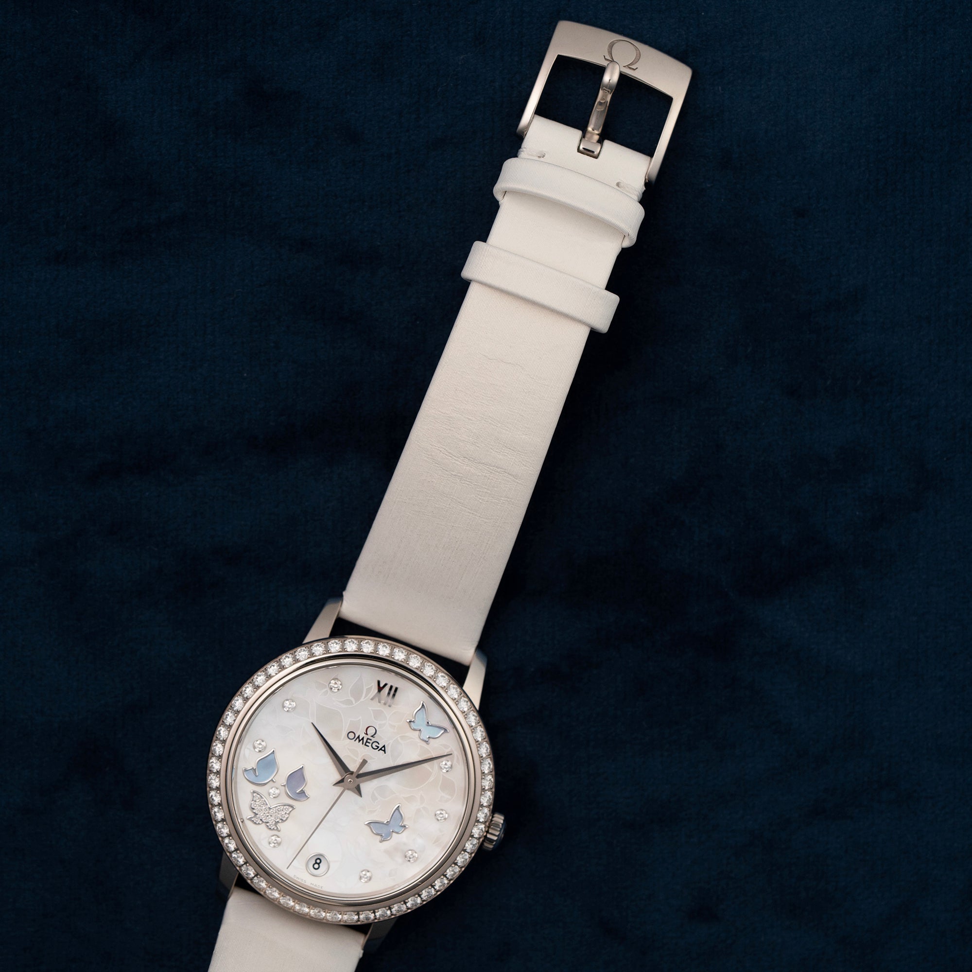 Omega DeVille Prestige Mother of Pearl Butterfly Dial Diamonds 42457332055001 strap