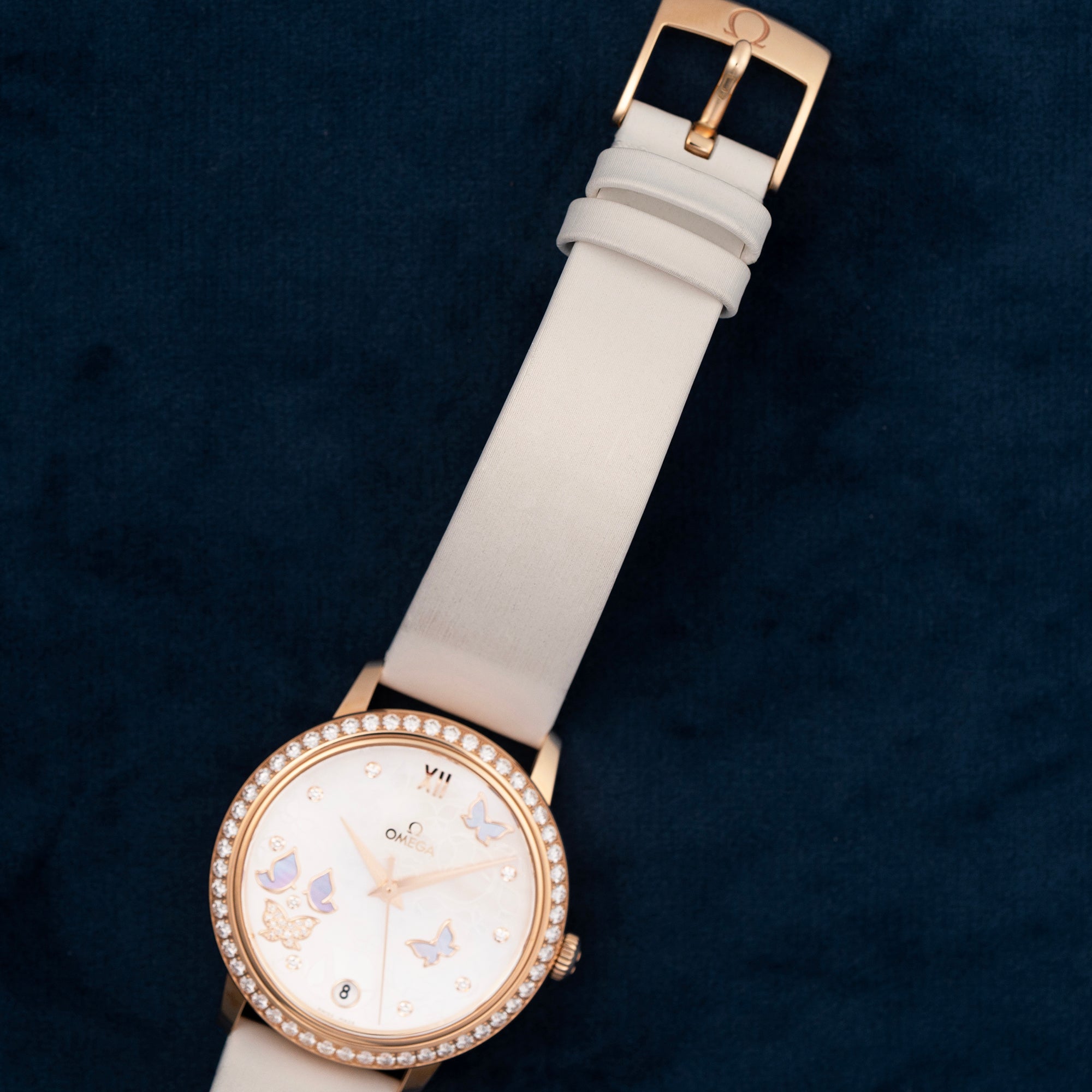 Omega DeVille Prestige Rose Gold Mother of Pearl Butterfly Dial with Diamonds 42457332055002 strap