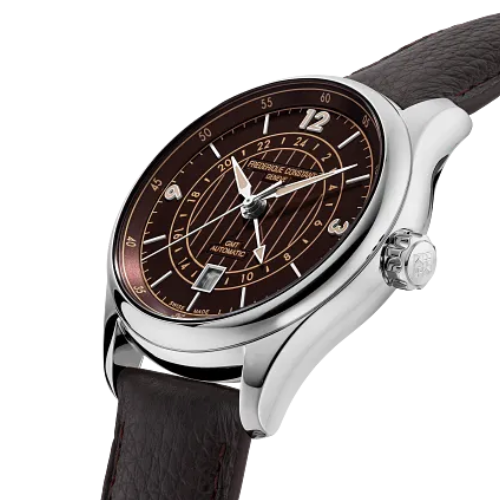 Frederique Constant Classics Runabout Automatic GMT Brown 42mm FC350RBR5B6 dial closeup side view