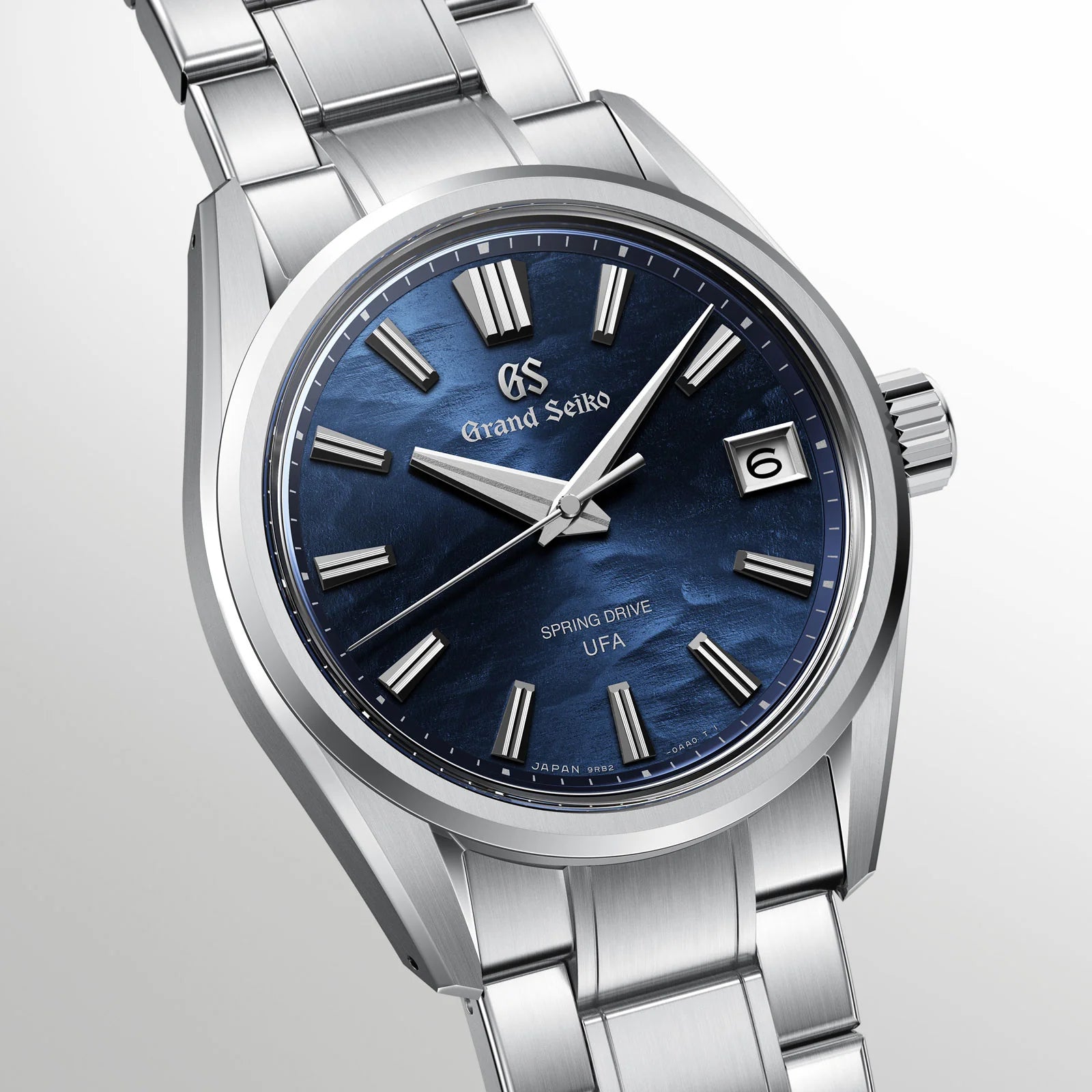 Angled View of Grand Seiko Evolution 9 Collection Spring Drive U.F.A. 'Lake Suwa' 37mm SLGB015