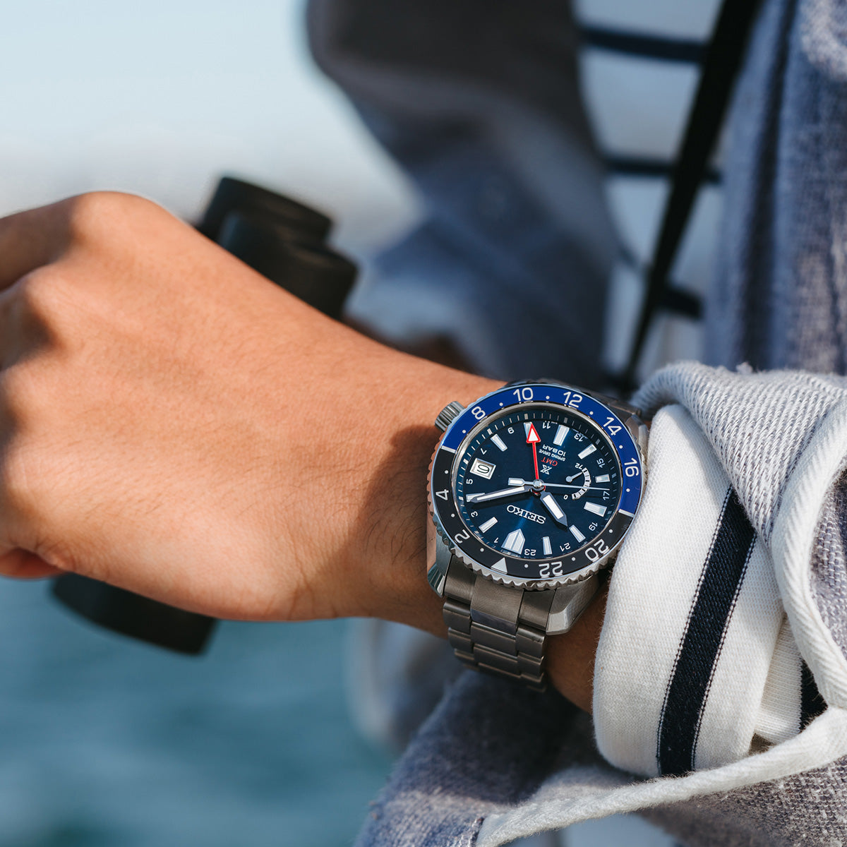 Seiko Prospex LX Spring Drive GMT Deep Blue 44mm SNR033 model wrist shot