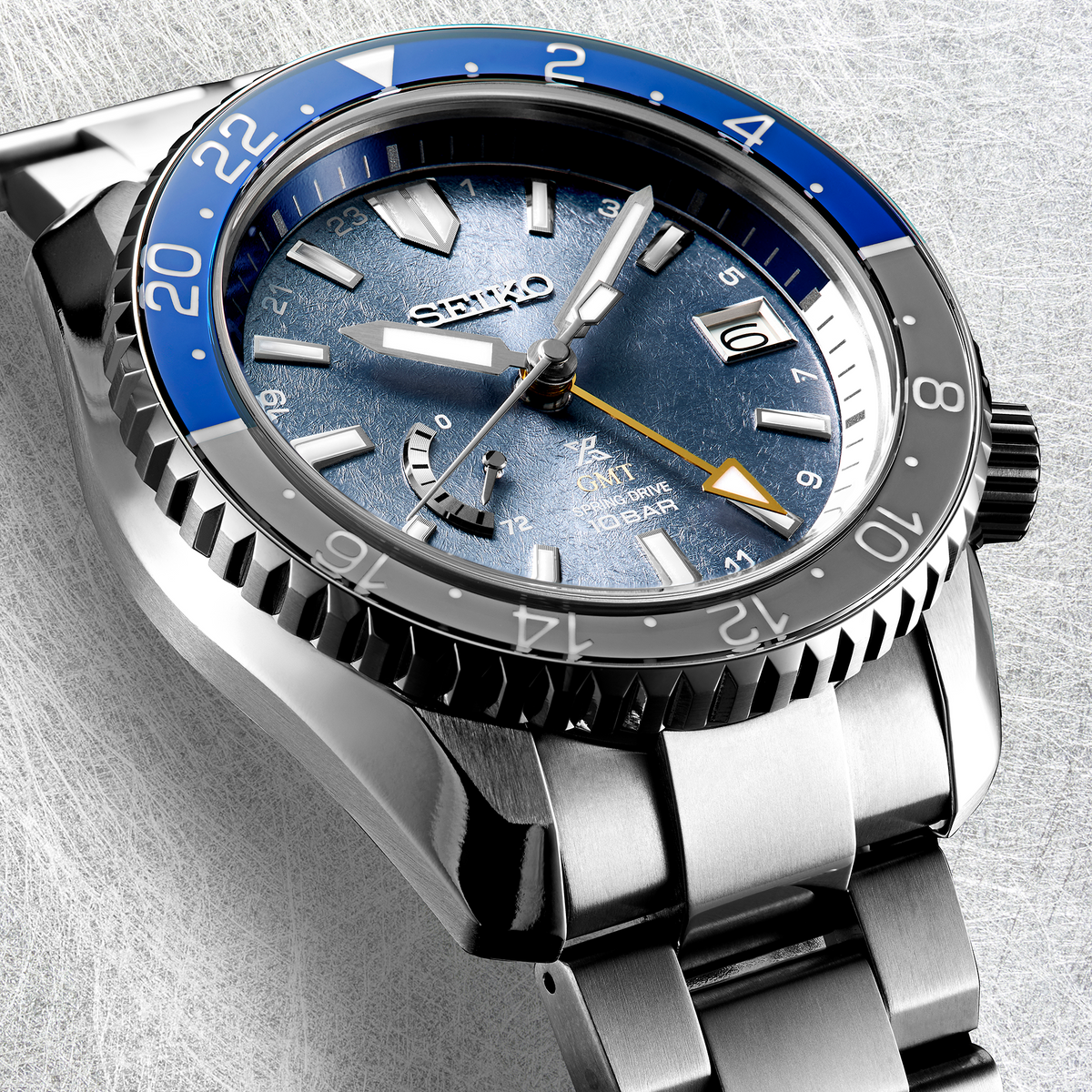 Seiko Prospex LX Spring Drive GMT U.S. Special Edition Gray Blue 'Earth' 44mm SNR055 dial closeup angle shot
