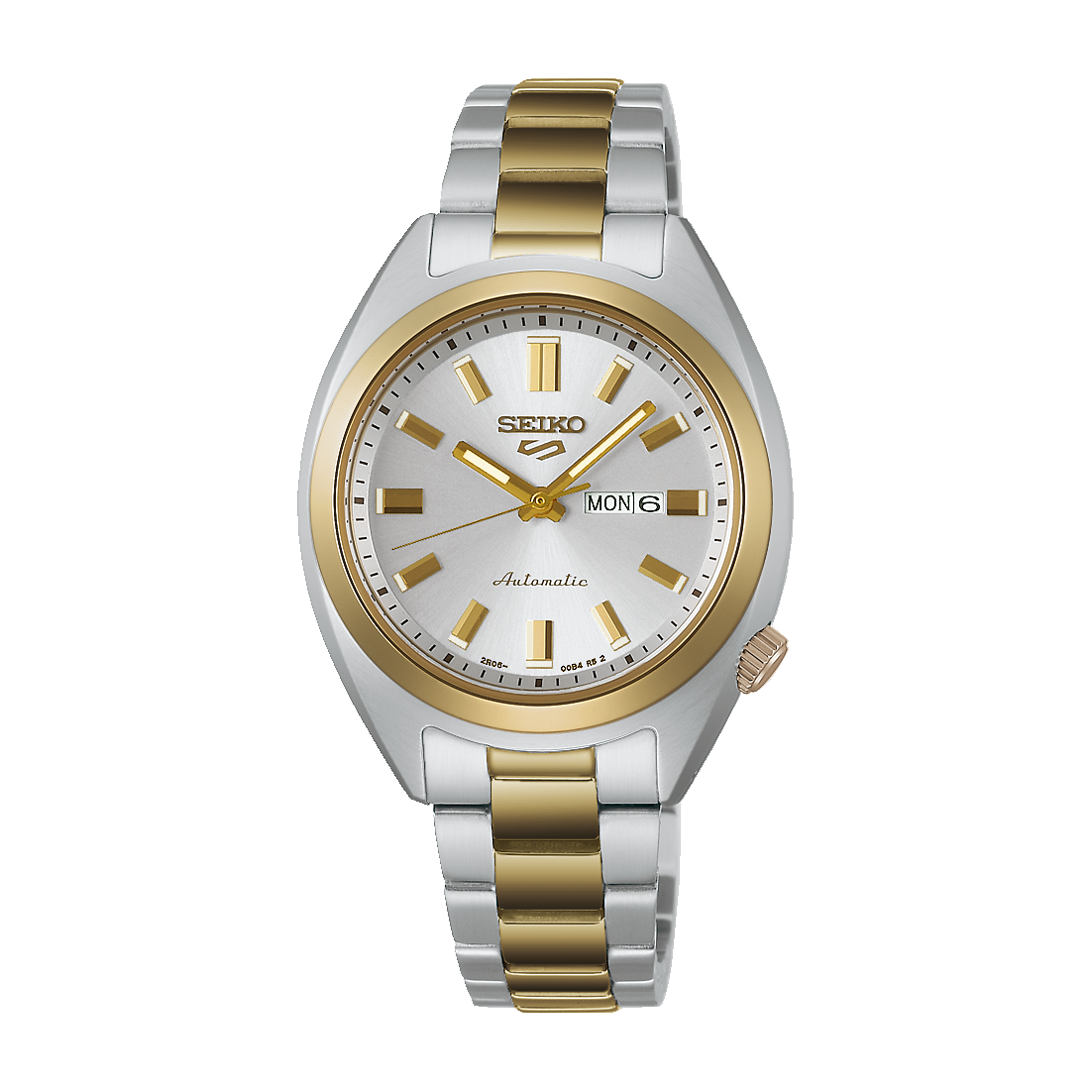 Angled view two-tone metal watch