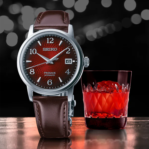 Seiko Presage watch with red cocktail glass