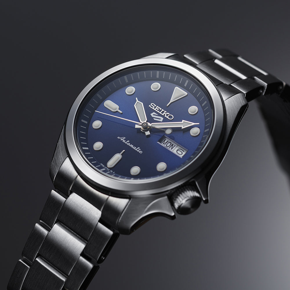 Close up of blue Seiko automatic watch