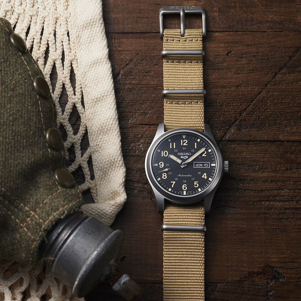 Seiko field watch with tan nylon strap