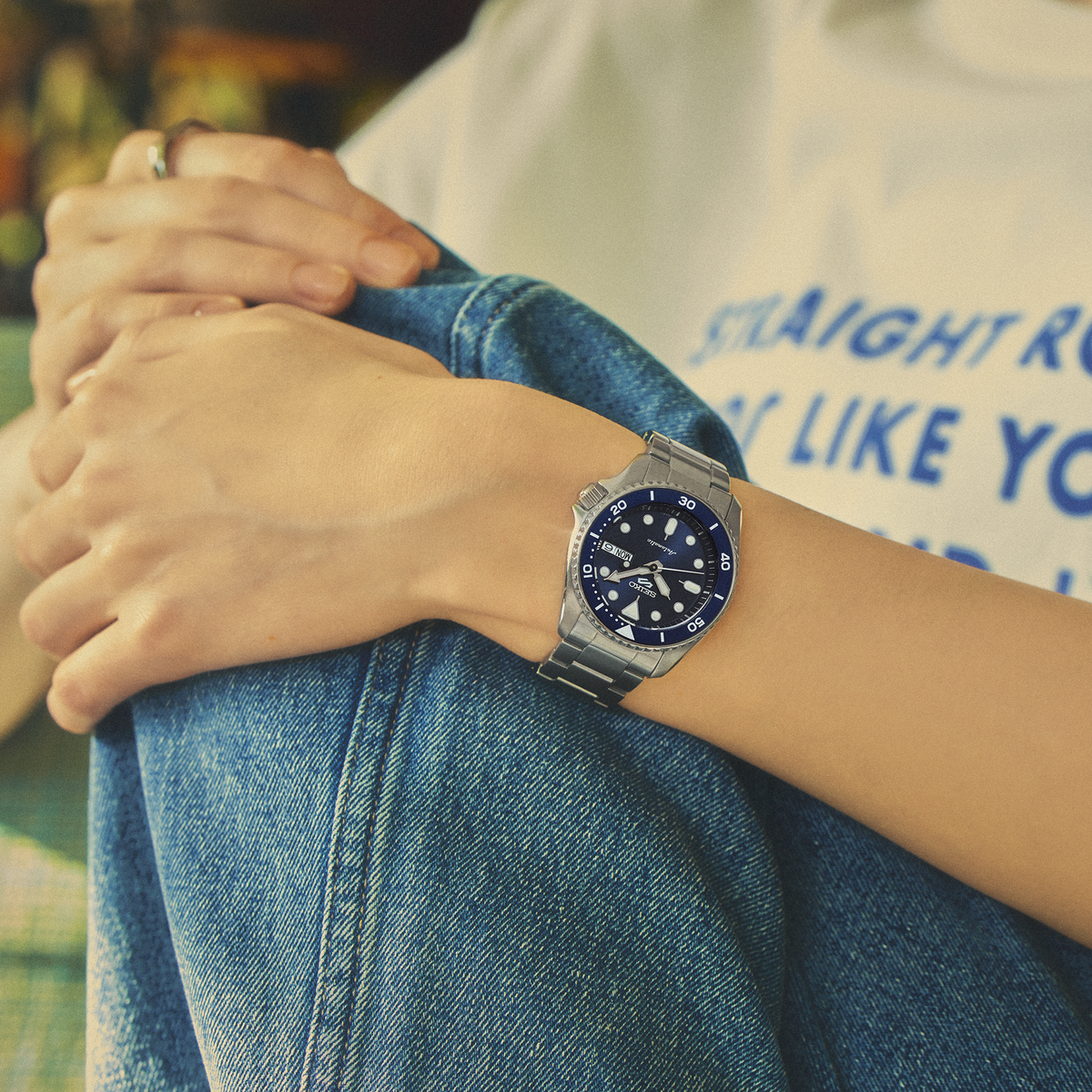 Seiko 5 Sports SKX Mid-Size Blue 38mm SRPL77 Model Wrist Shot