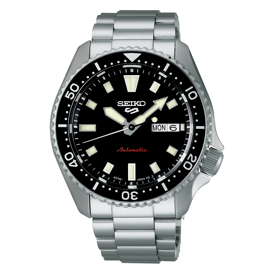 Front view of silver Seiko watch on black.