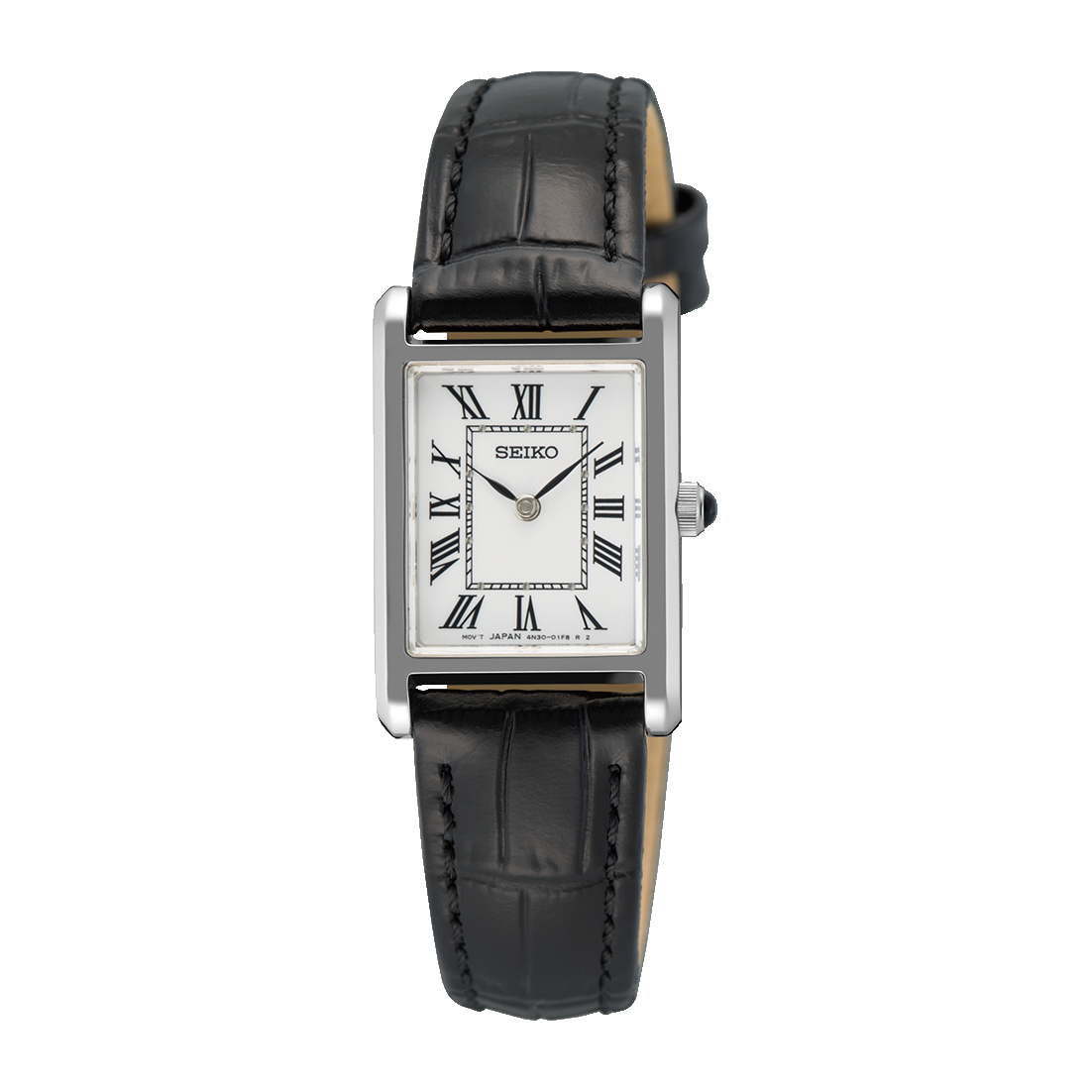 Silver tank watch black strap