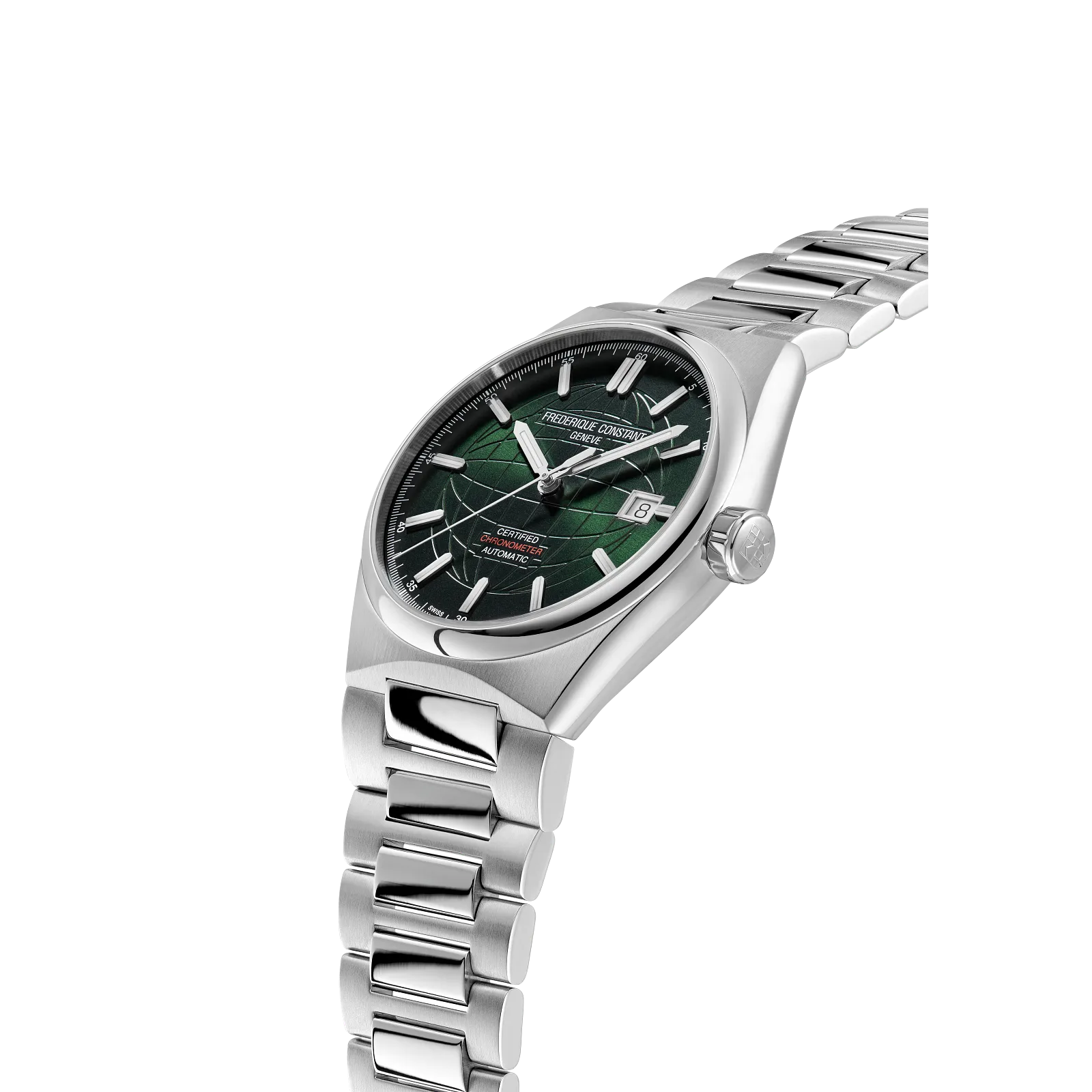 Side view of a green dial and integrated silver metal bracelet.
