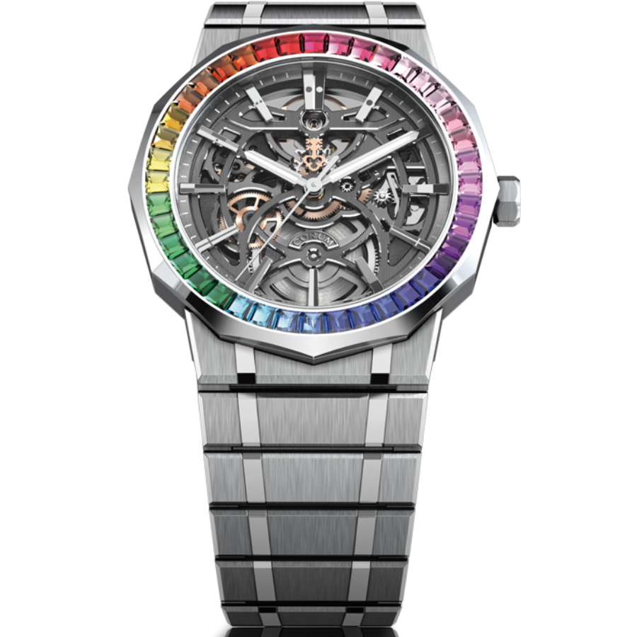 Front view of Corum Admiral 39mm Automatic Titanium Skeleton Rainbow Baguette A39.232.GZ1.1G
