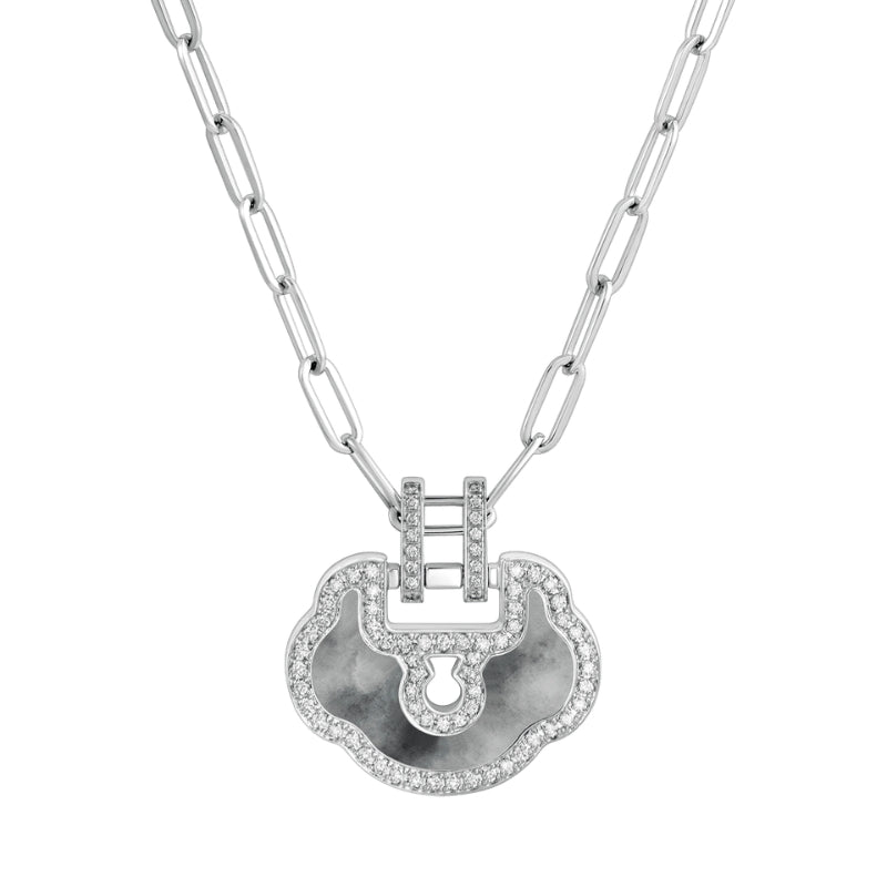 View Of Qeelin Yu Yi grande necklace 18K white gold set with jade diamonds.