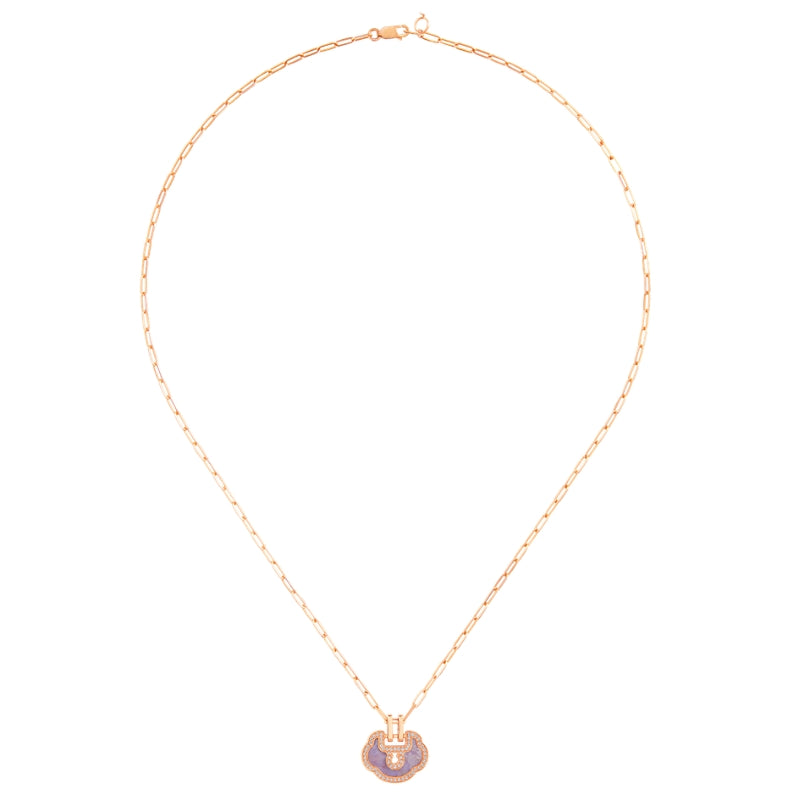Full View OF Qeelin Yu Yi medium necklace 18K rose gold set with jade diamonds