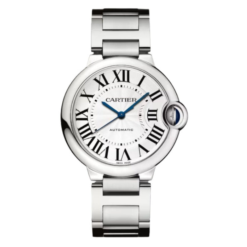 Front view of Cartier Ballon Bleu steel watch.