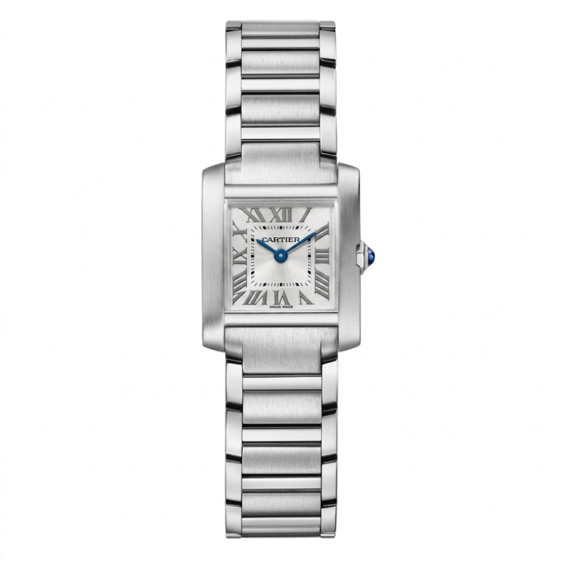 Front view of silver Cartier watch on bracelet.