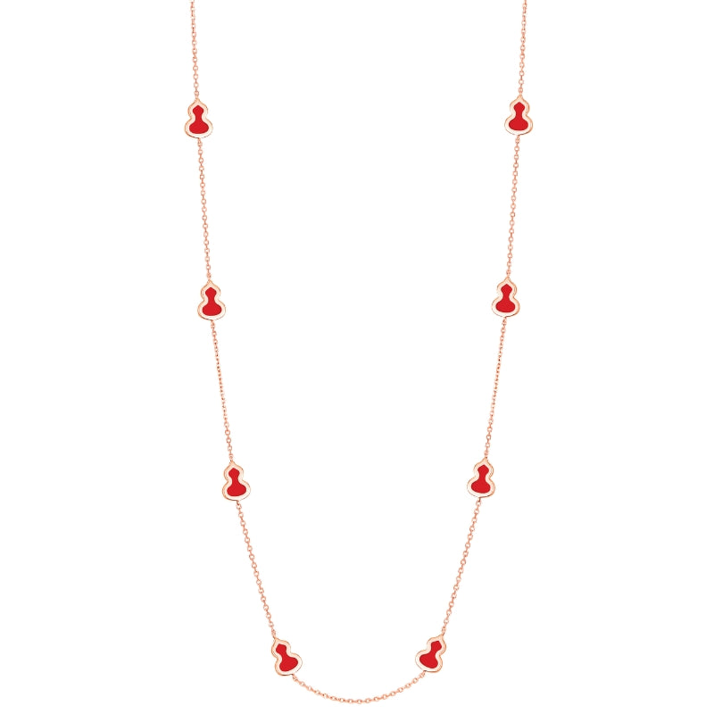 Full View Of Qeelin Wulu mini long necklace in 18K rose gold and red enamel
