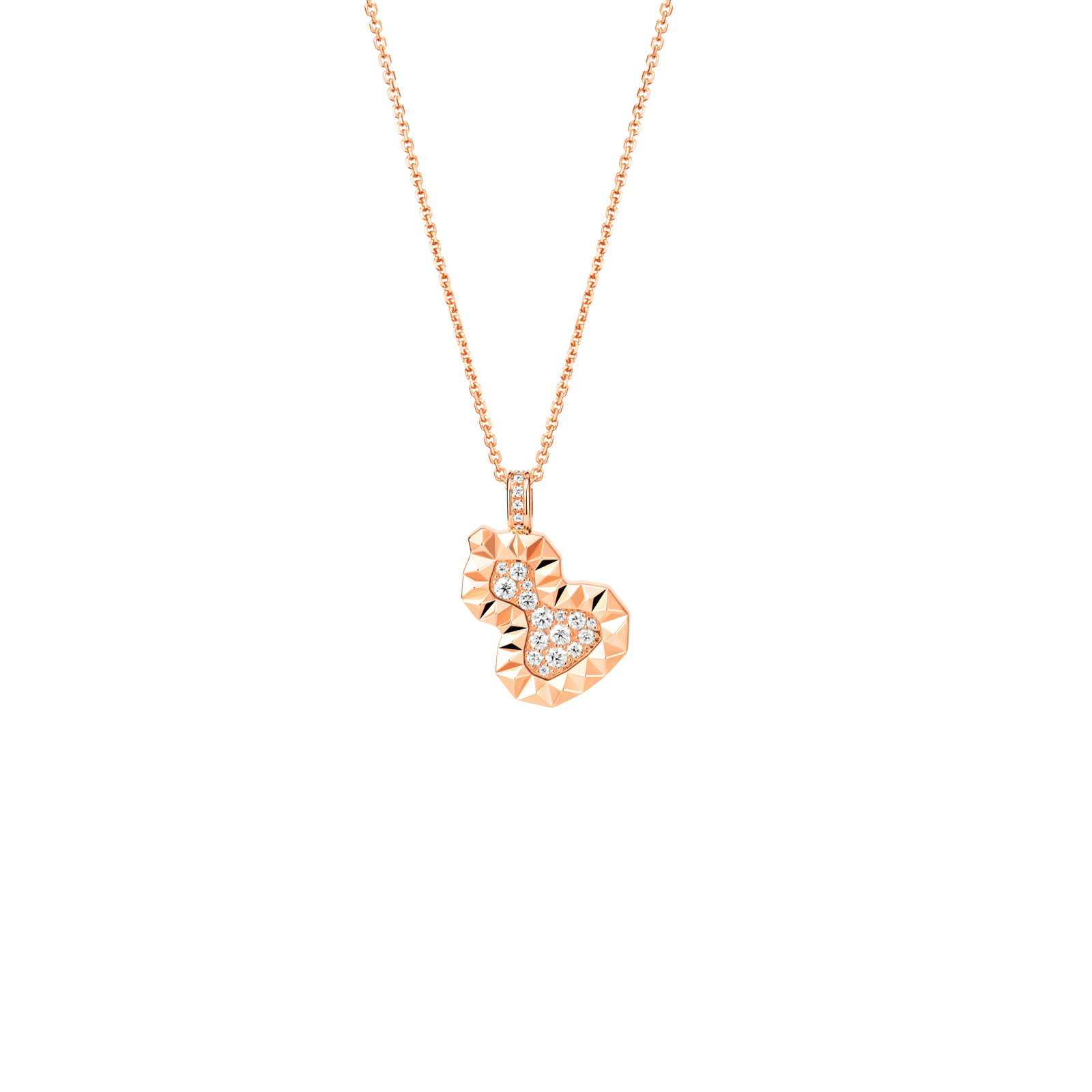 Close Up View Qeelin Wulu 18 medium necklace in 18K rose gold set with diamonds.