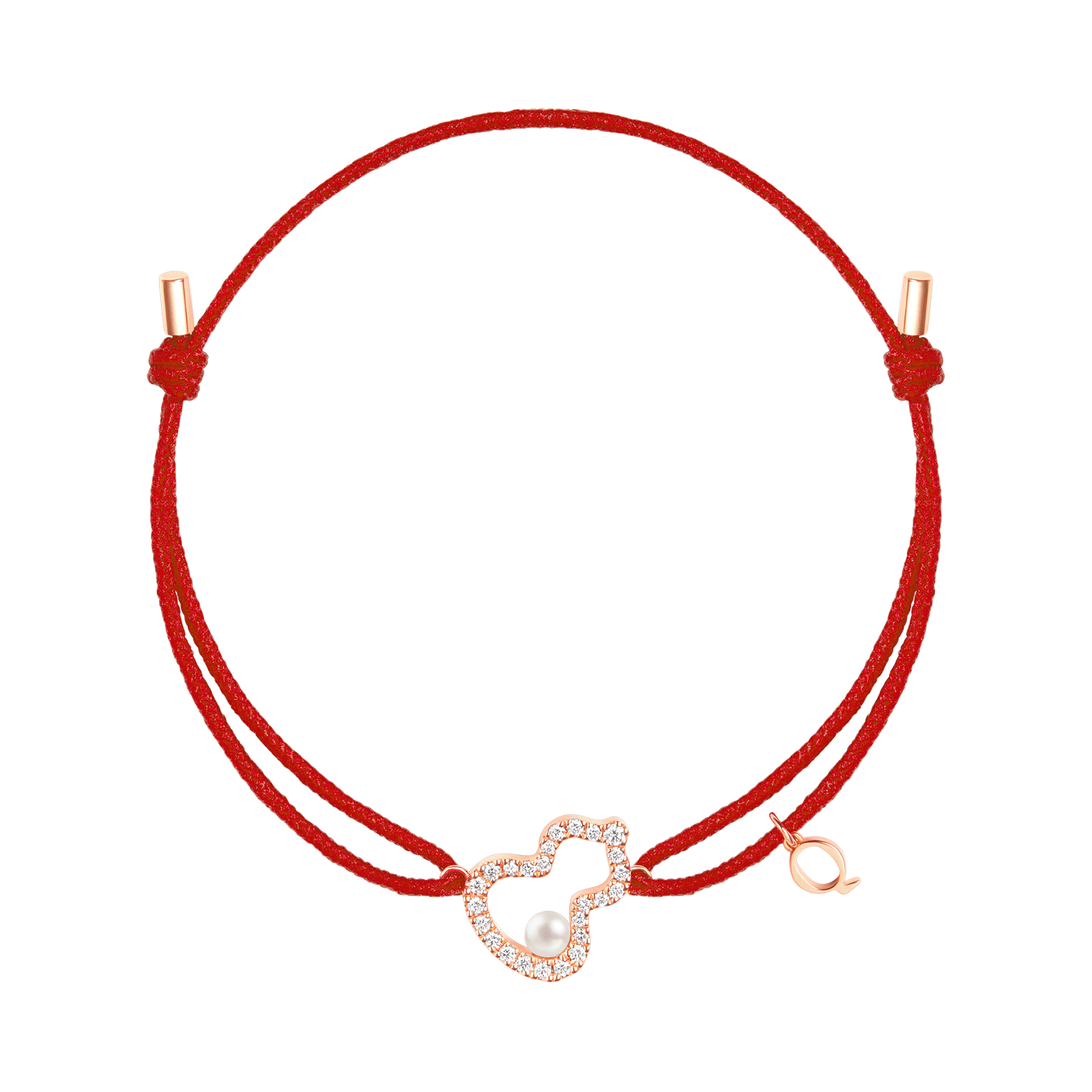 Wulu petite red cord bracelet in 18K rose gold set with diamonds and Akoya Pearl