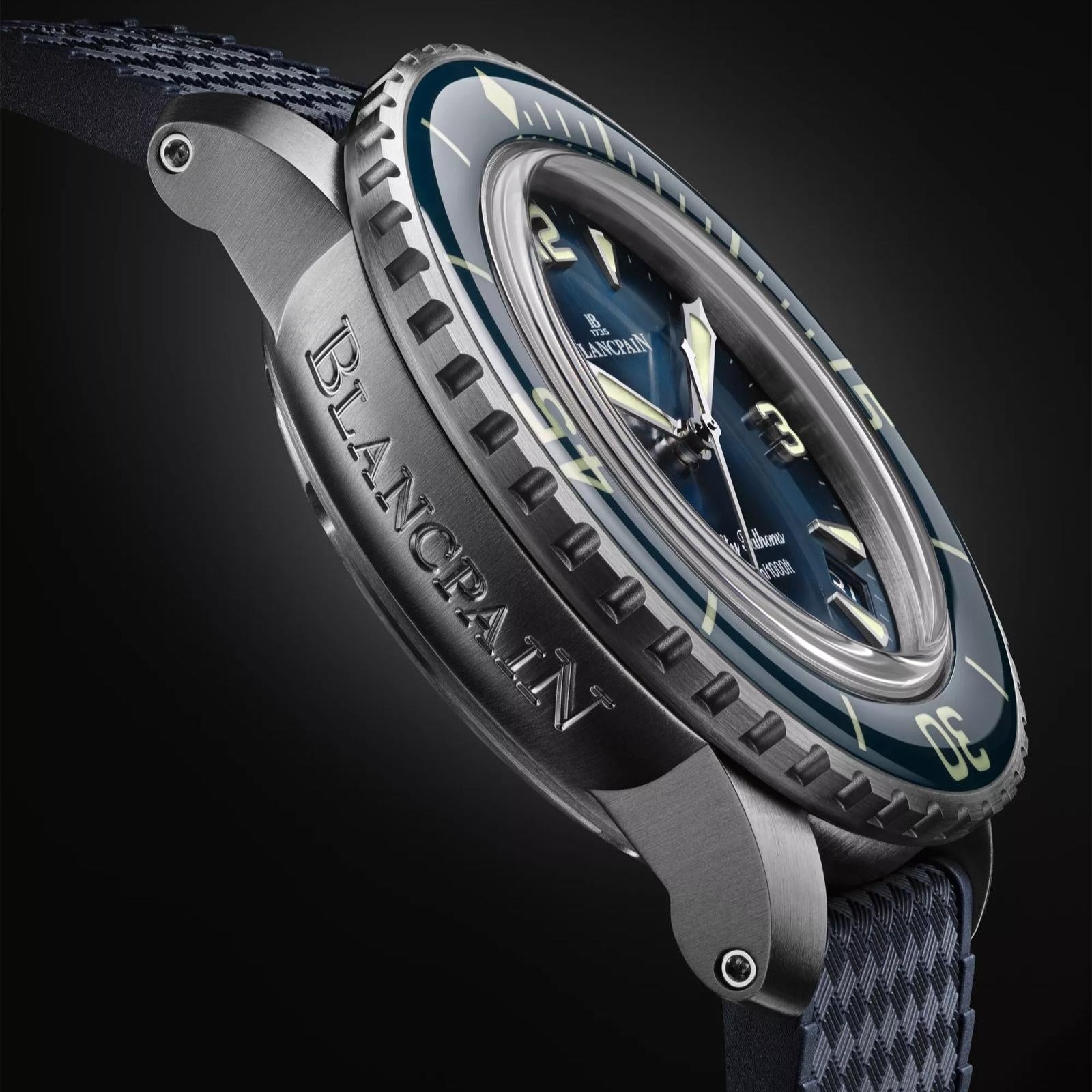 Blancpain Fifty Fathoms Automatique Titanium 42mm Blue Dial case engraving on rubber strap