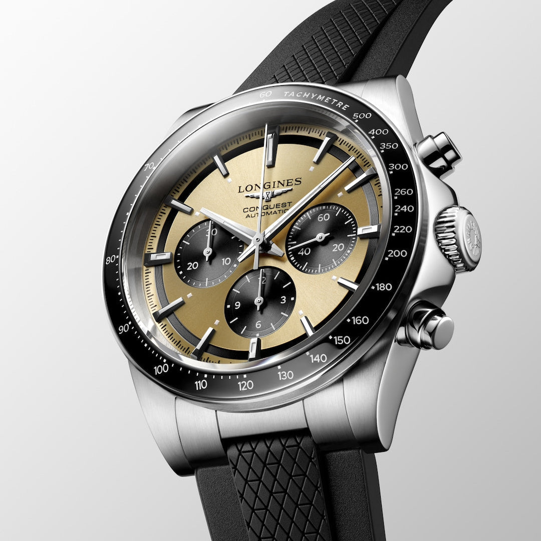 Longines Conquest Chronograph Sunray Brown 42mm L38354329 Dial Angle Closeup