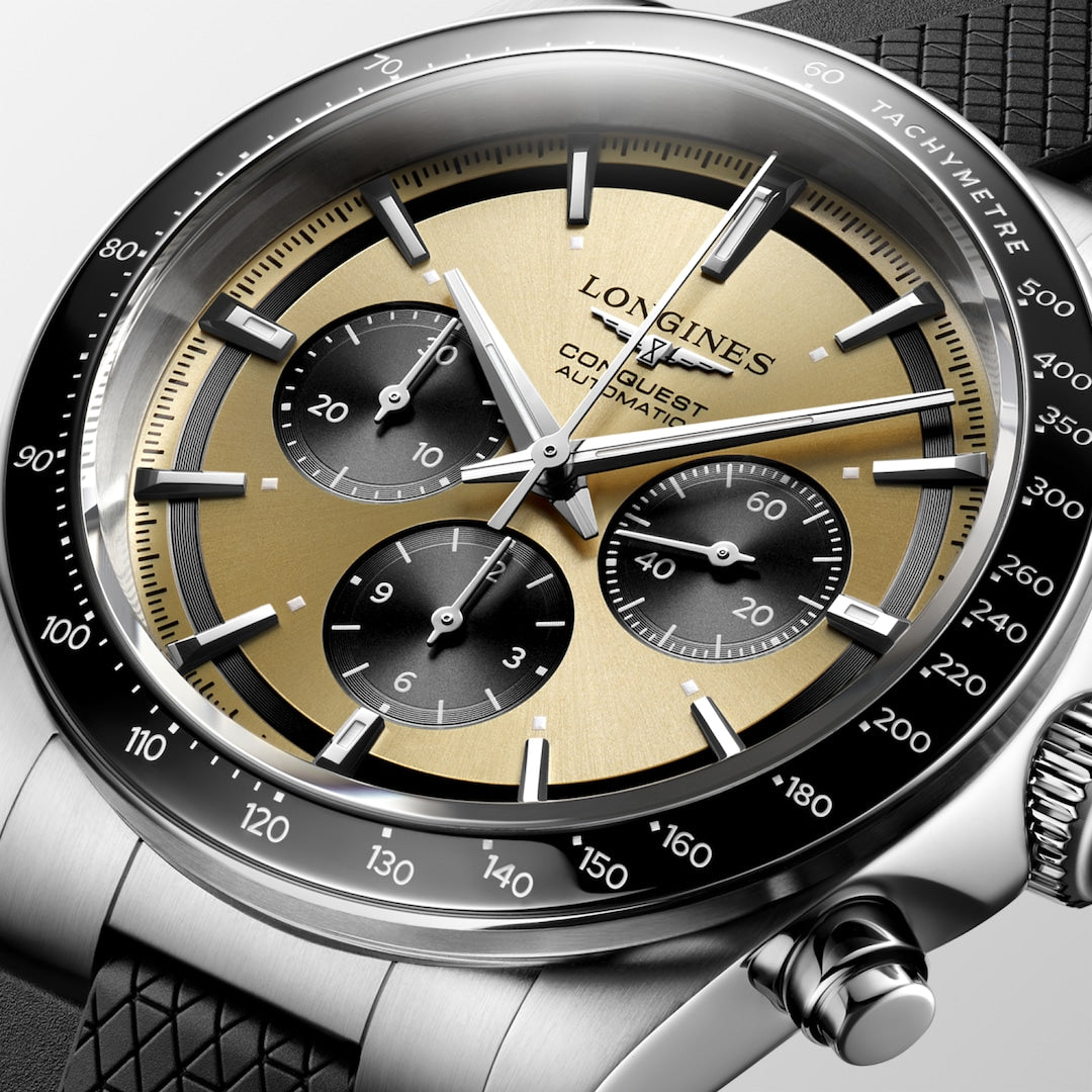 Longines Conquest Chronograph Sunray Brown 42mm L38354329 Dial Angle Closeup