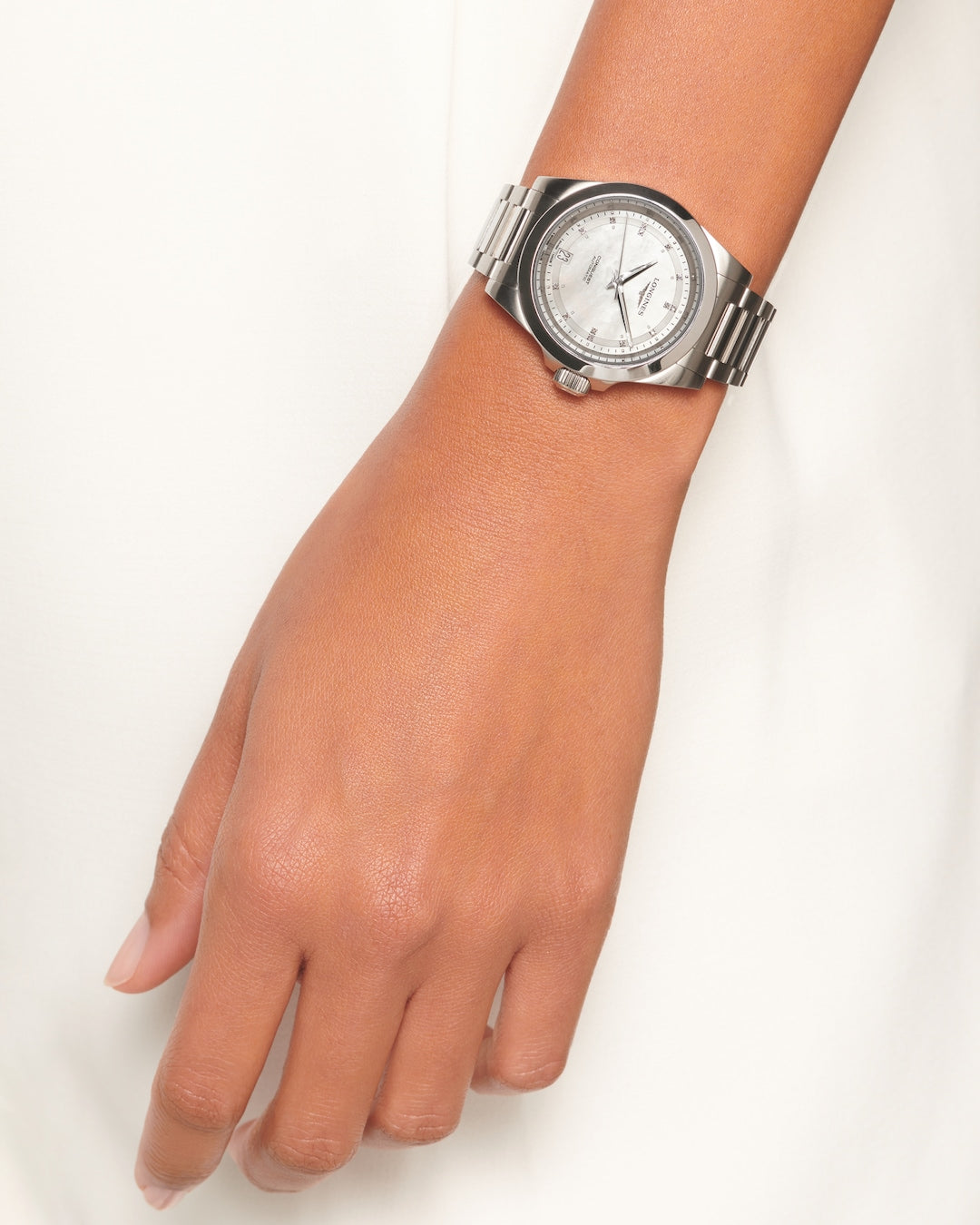Longines Conquest Mother of Pearl with Diamonds 34mm L34304876 Model Wrist Shot 3