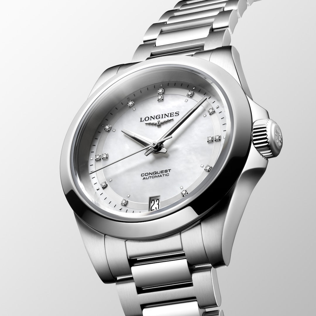 Longines Conquest Mother of Pearl with Diamonds 34mm L34304876 Dial Closeup Side View