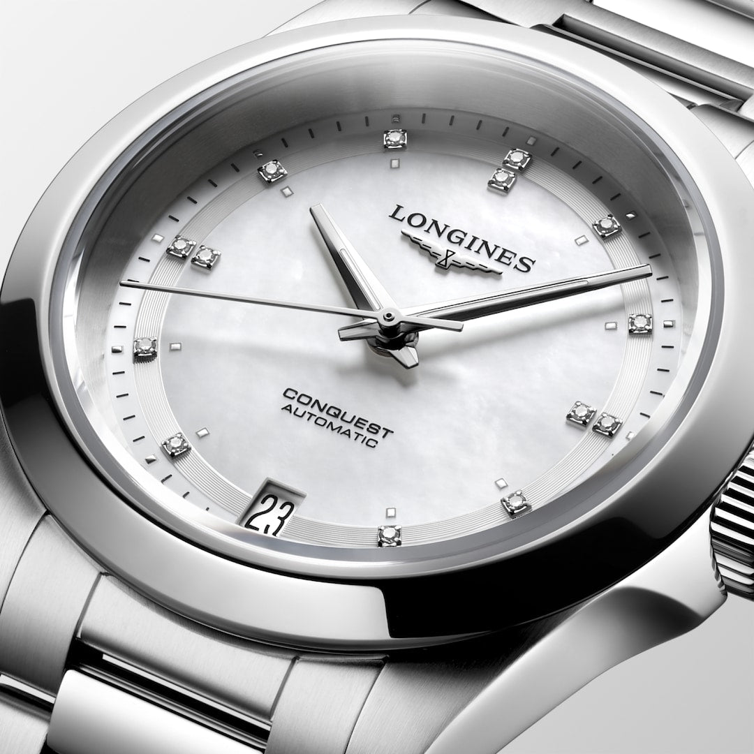 Longines Conquest Mother of Pearl with Diamonds 34mm L34304876 Dial Closeup