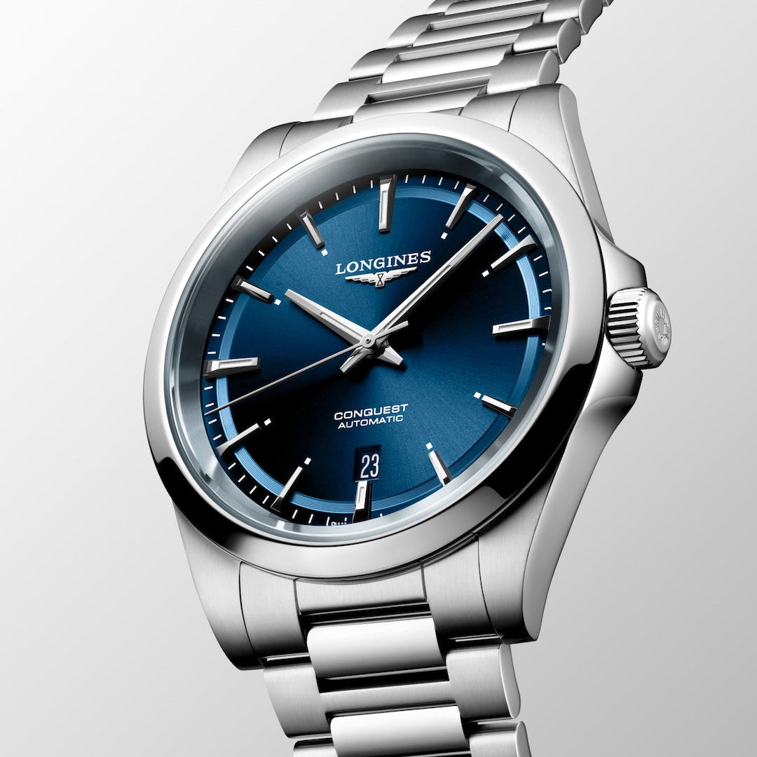 Longines Conquest Sunray Blue 41mm L38304926 Angle Closeup