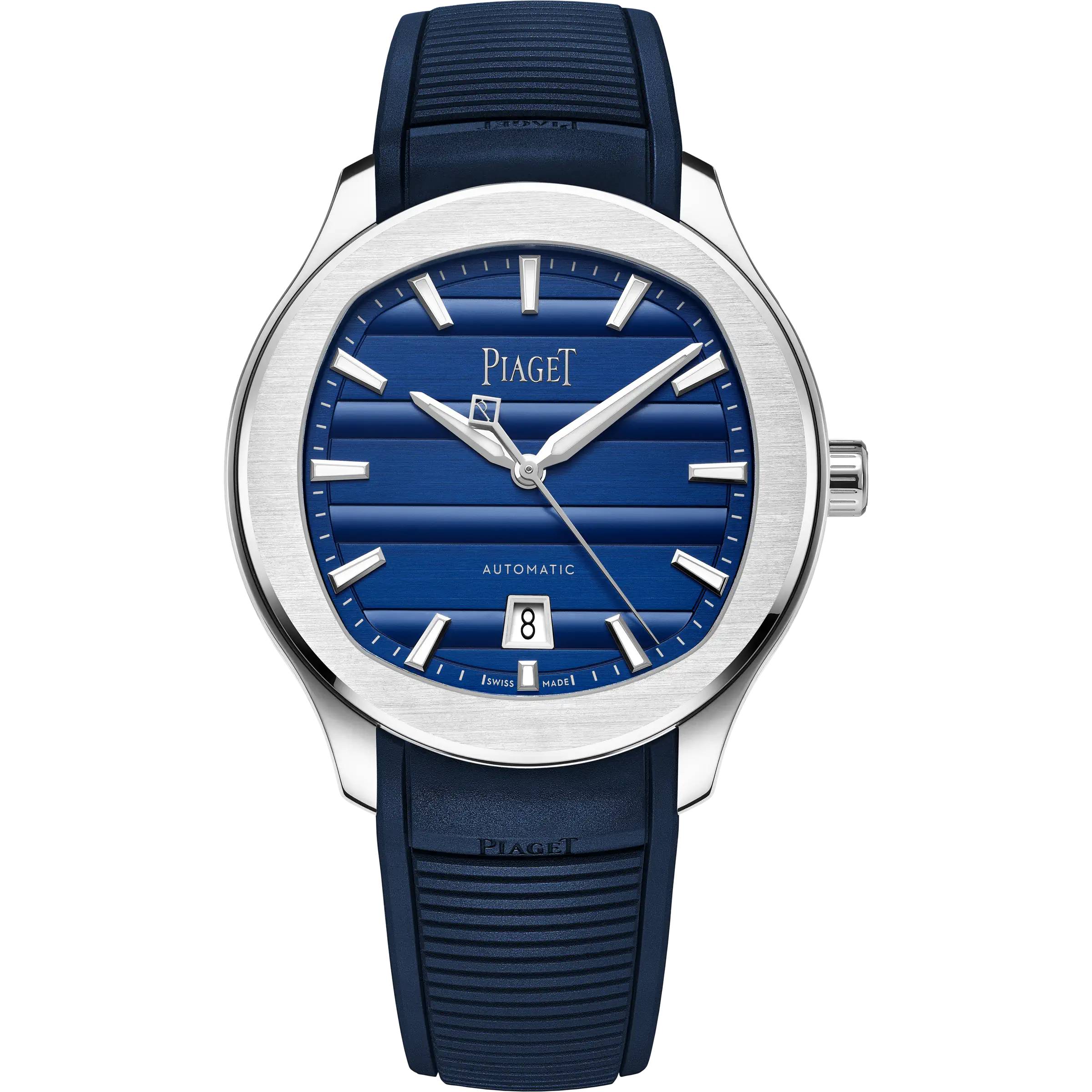 Front View Of Piaget Polo Signature Date Watch With Rubber Strap.