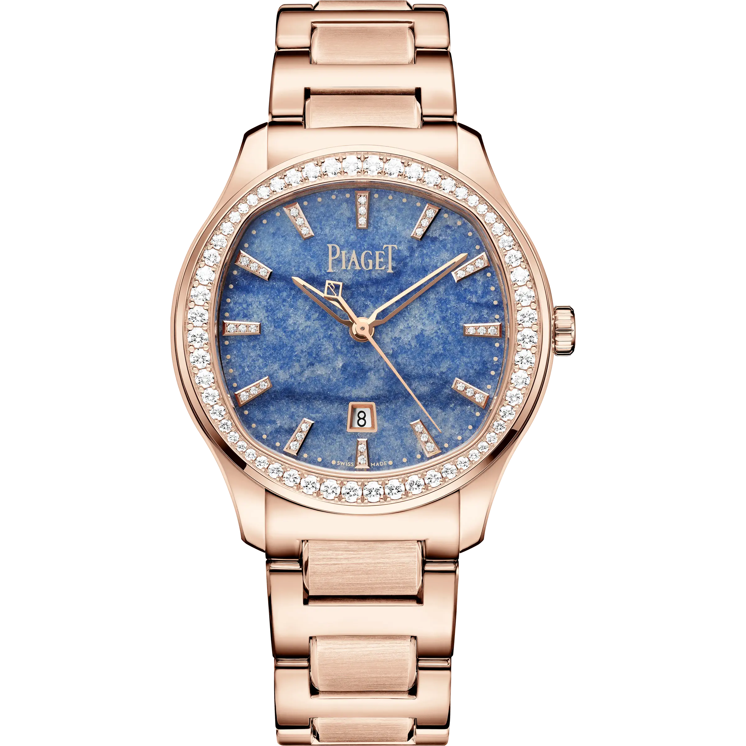 Front View Of Piaget Polo Date Watch Diamond Bezels.