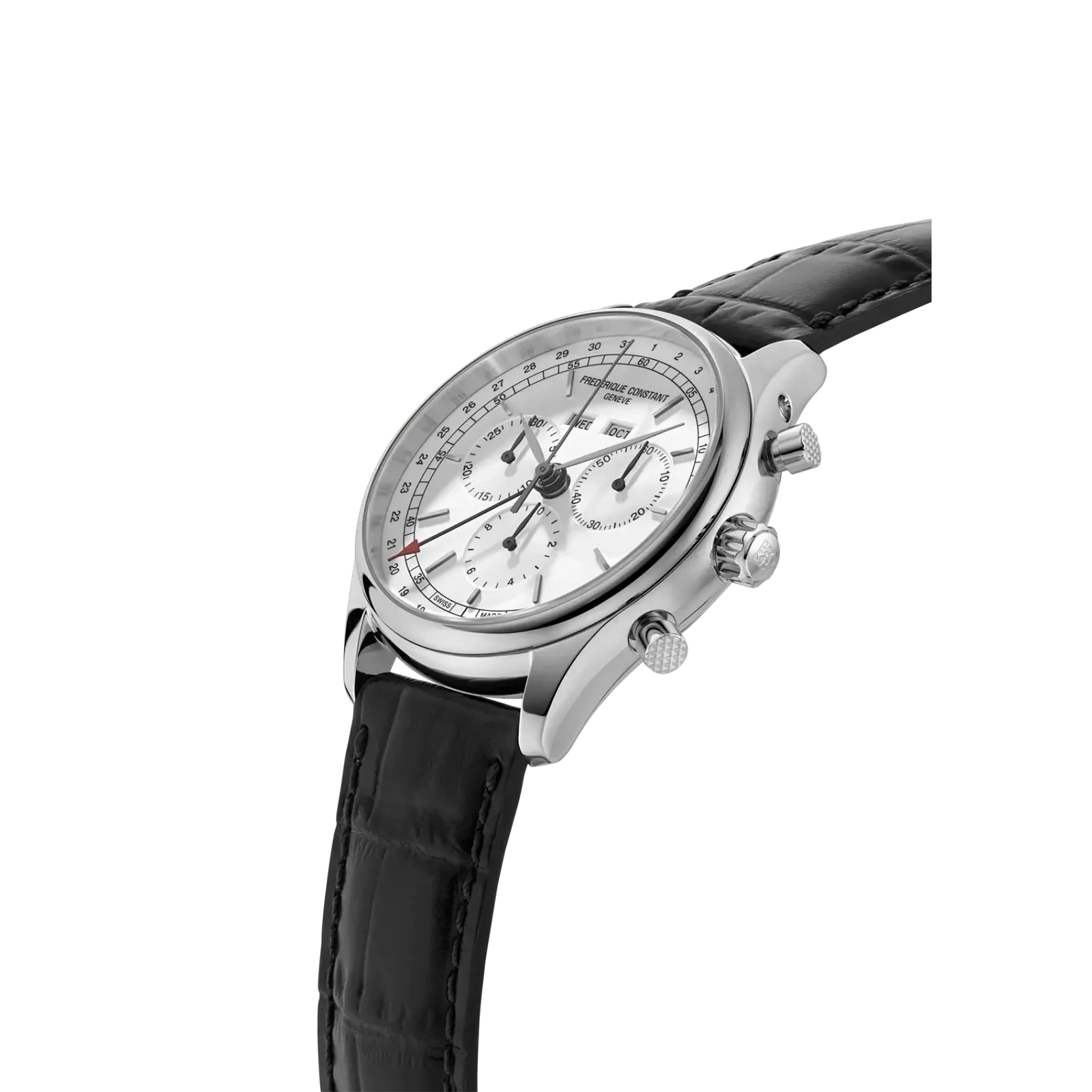 Side profile of silver case and flexible metal bracelet.