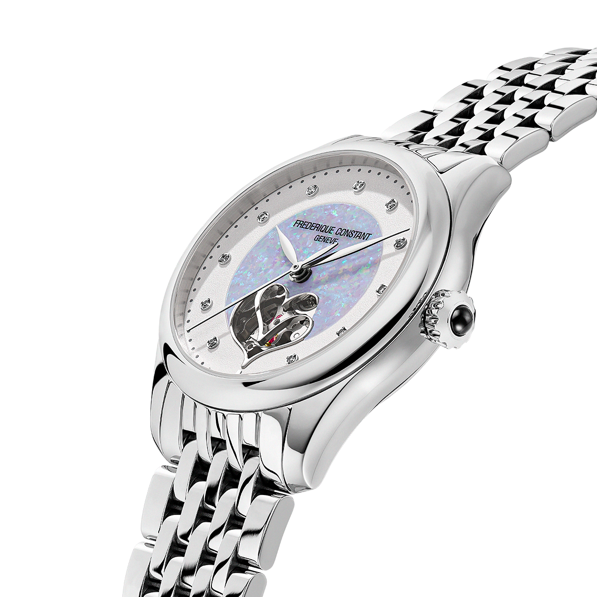 Frederique Constant Classics Ladies Double Heart Beat Light Blue Opal 36mm FC313OBD3B6B dial closeup side view