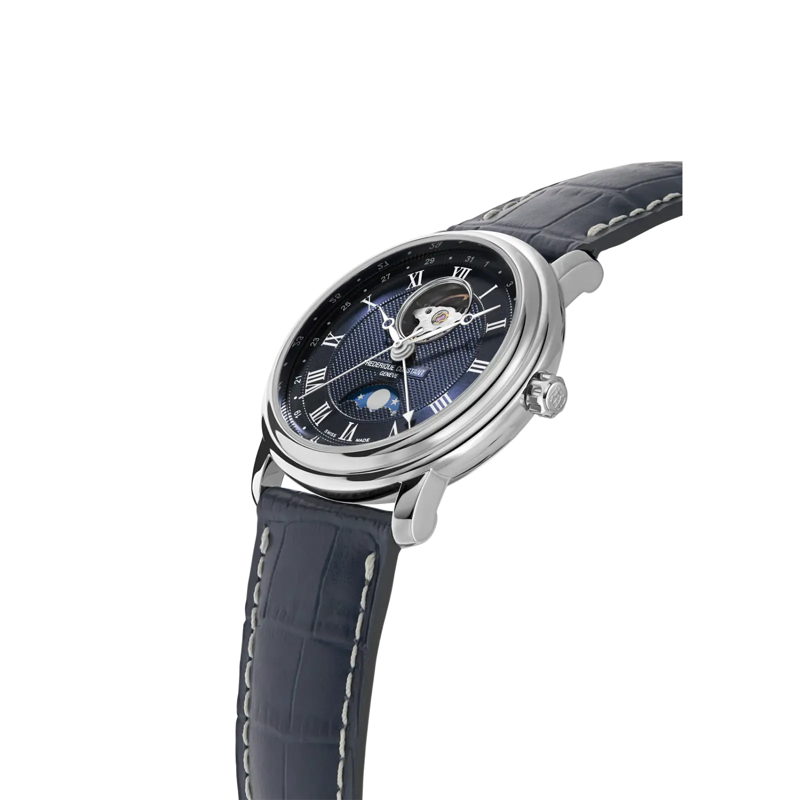 Side angle showing the polished steel case and textured blue dial.