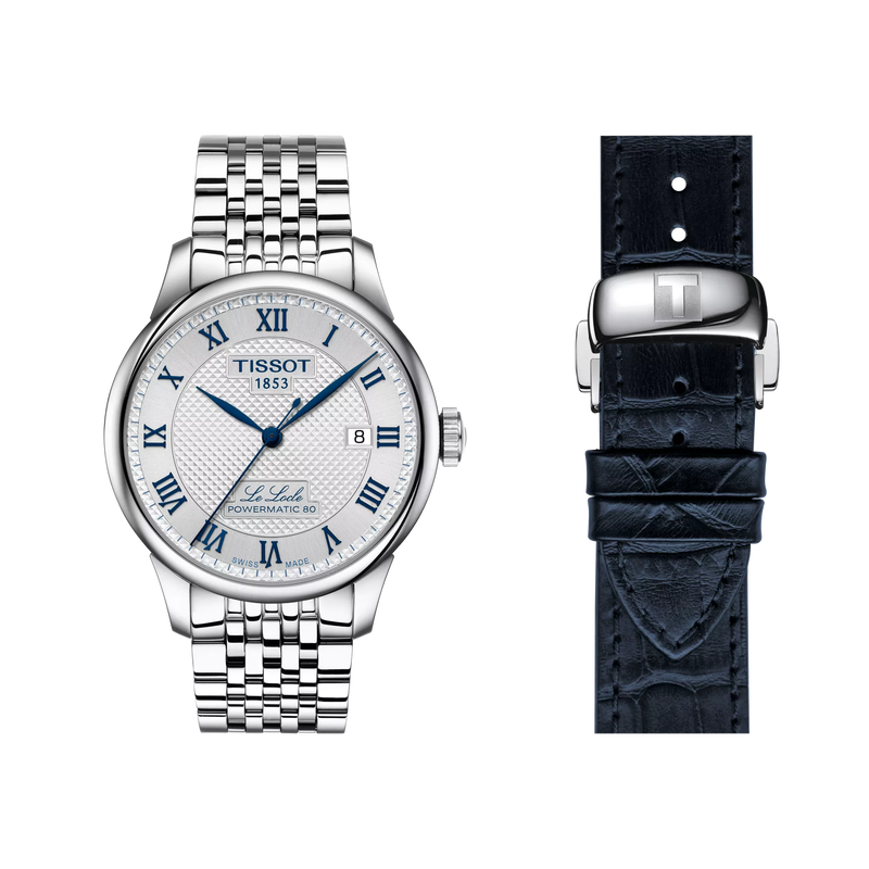 Tissot Le LeLocle 20th Anniversary Stainless Steel watch with Silver dial and blue markers. Shown with blue leather strap