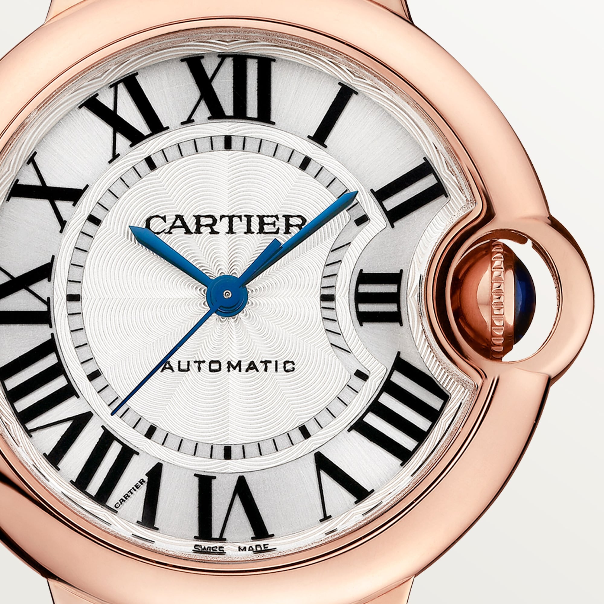 Close dial of Cartier Ballon Bleu Rose Gold 33mm W6920097